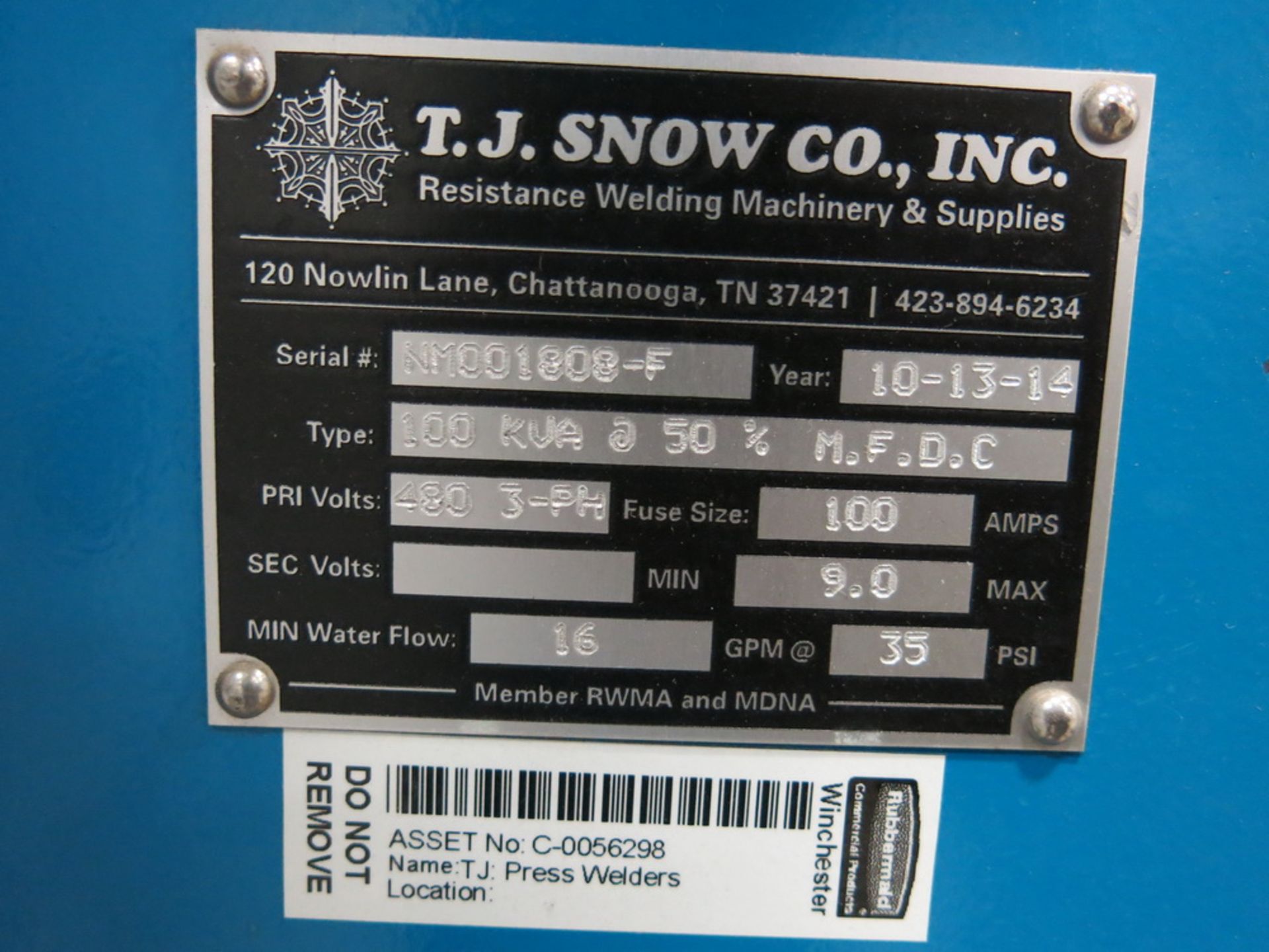 2014 T.J. Snow 100 KVA @ 50 Percent M.F.D.C. Dual Head Spot Welder - Image 3 of 3