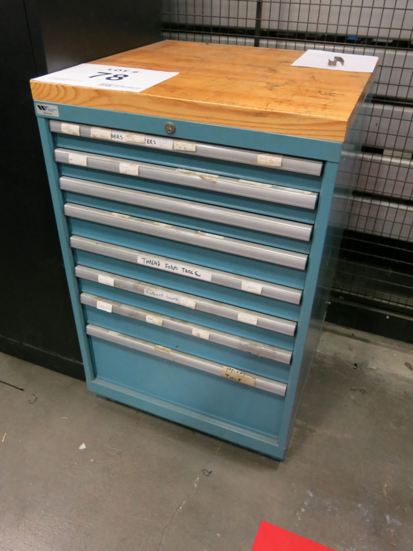 Wilson Punch Press Tooling: 8-Drawer Butcher Block Top Lista Style Cabinet