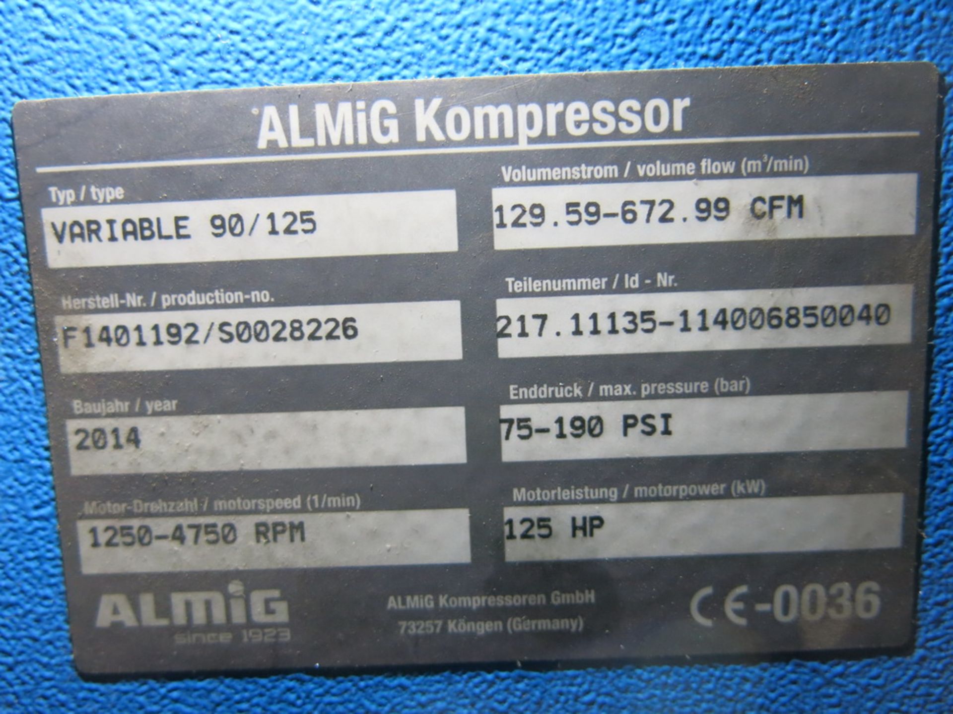 2014 Almig Variable Speed Rotary Screw Air Compressor Model 90/125 - Image 3 of 3