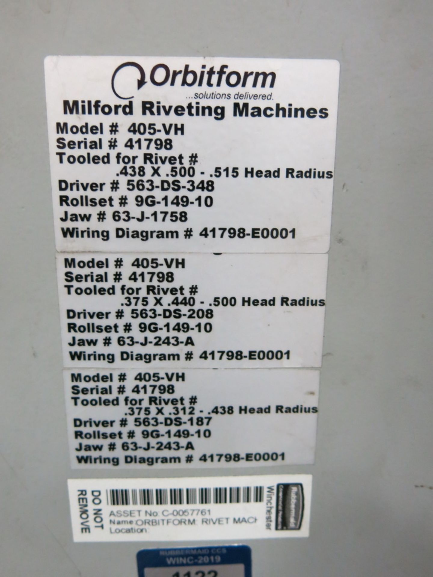 Orbitform and Milford Riveting Machine, Model 405-VH, w/ Vibratory Bowl Feeder - Image 2 of 2