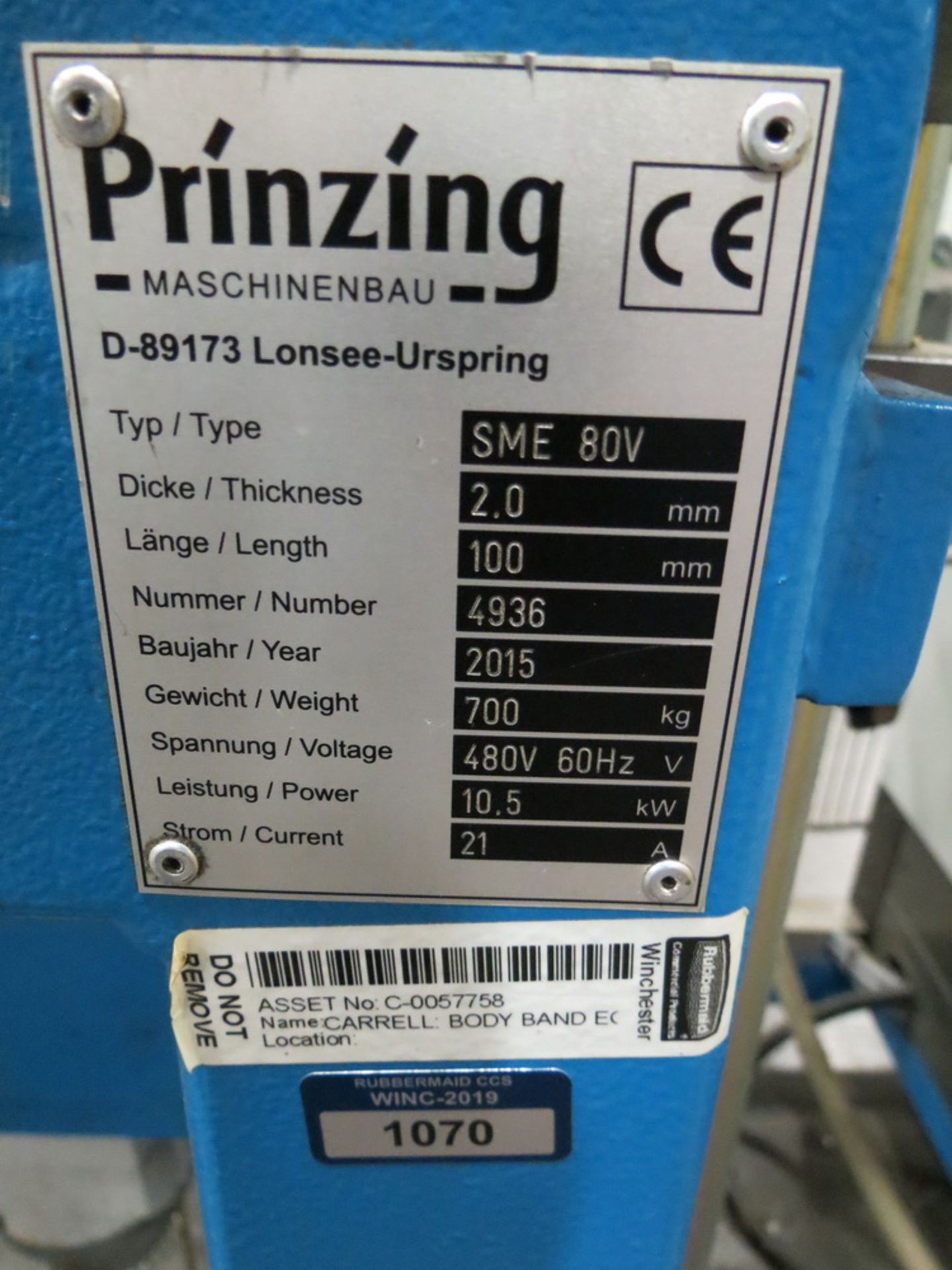 2015 Prinzing Model SME 80V Body Band Flanger, 2.0 mm Thickness, 100 mm Length - Image 5 of 13