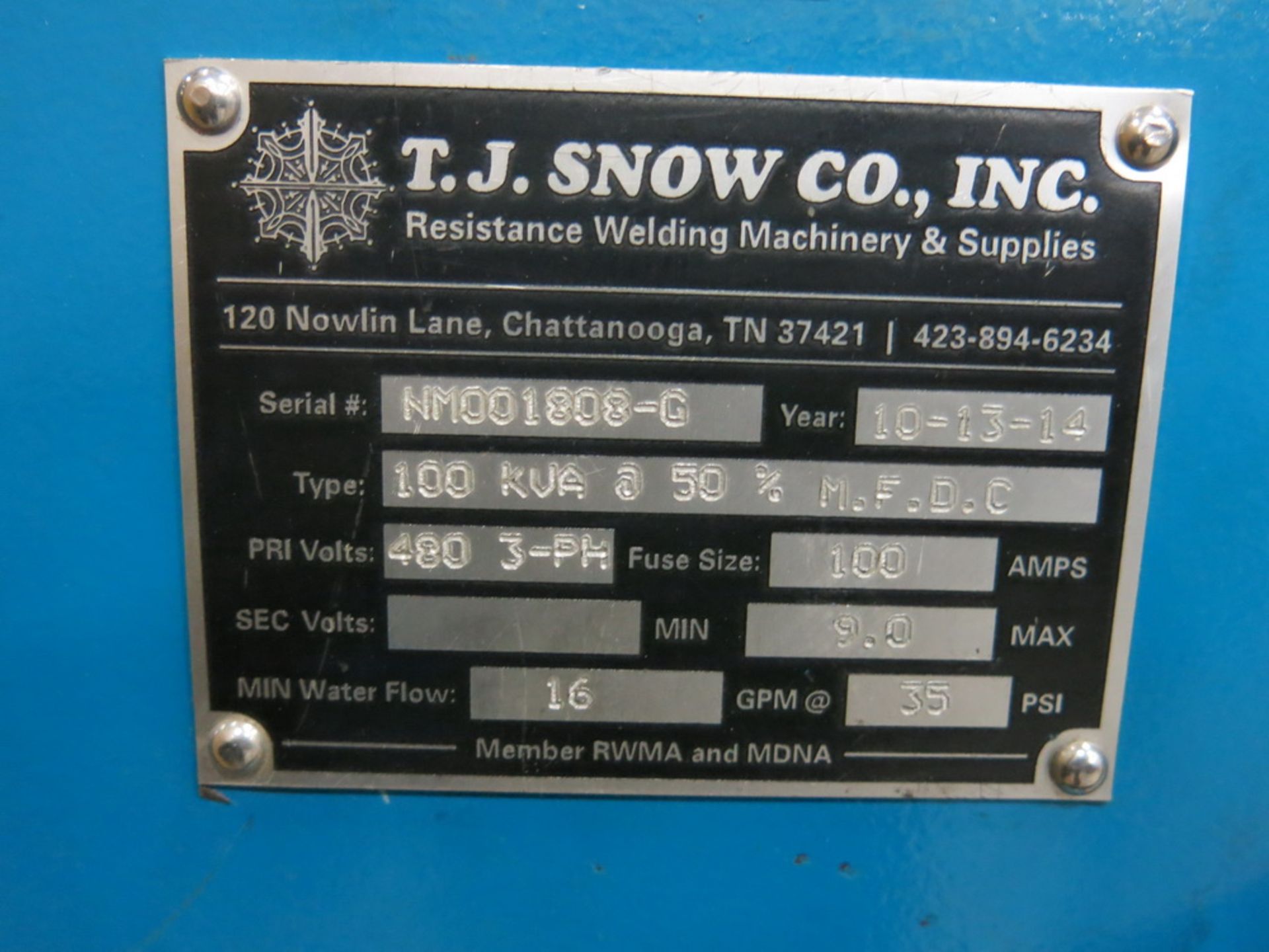 2014 T.J. Snow 100 KVA @ 50 Percent M.F.D.C. Dual Head Spot Welder - Image 3 of 3