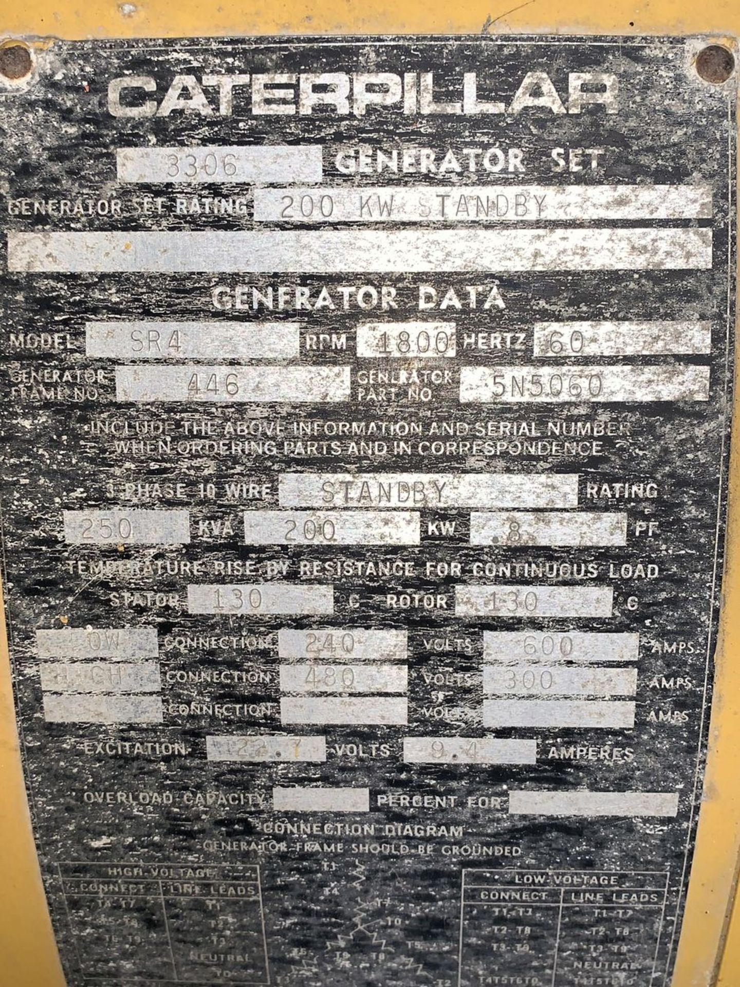 Caterpillar SR4 3306 200 Kw Diesel Standby Generator, 240 / 480V - Image 10 of 12