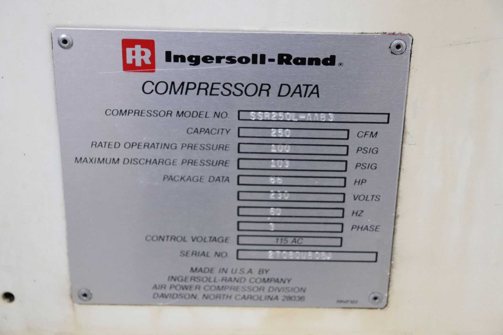 Ingersoll Rand SSR250L-AAB3 66HP 250 CFM Rotary Screw Air Compressor - Image 9 of 14