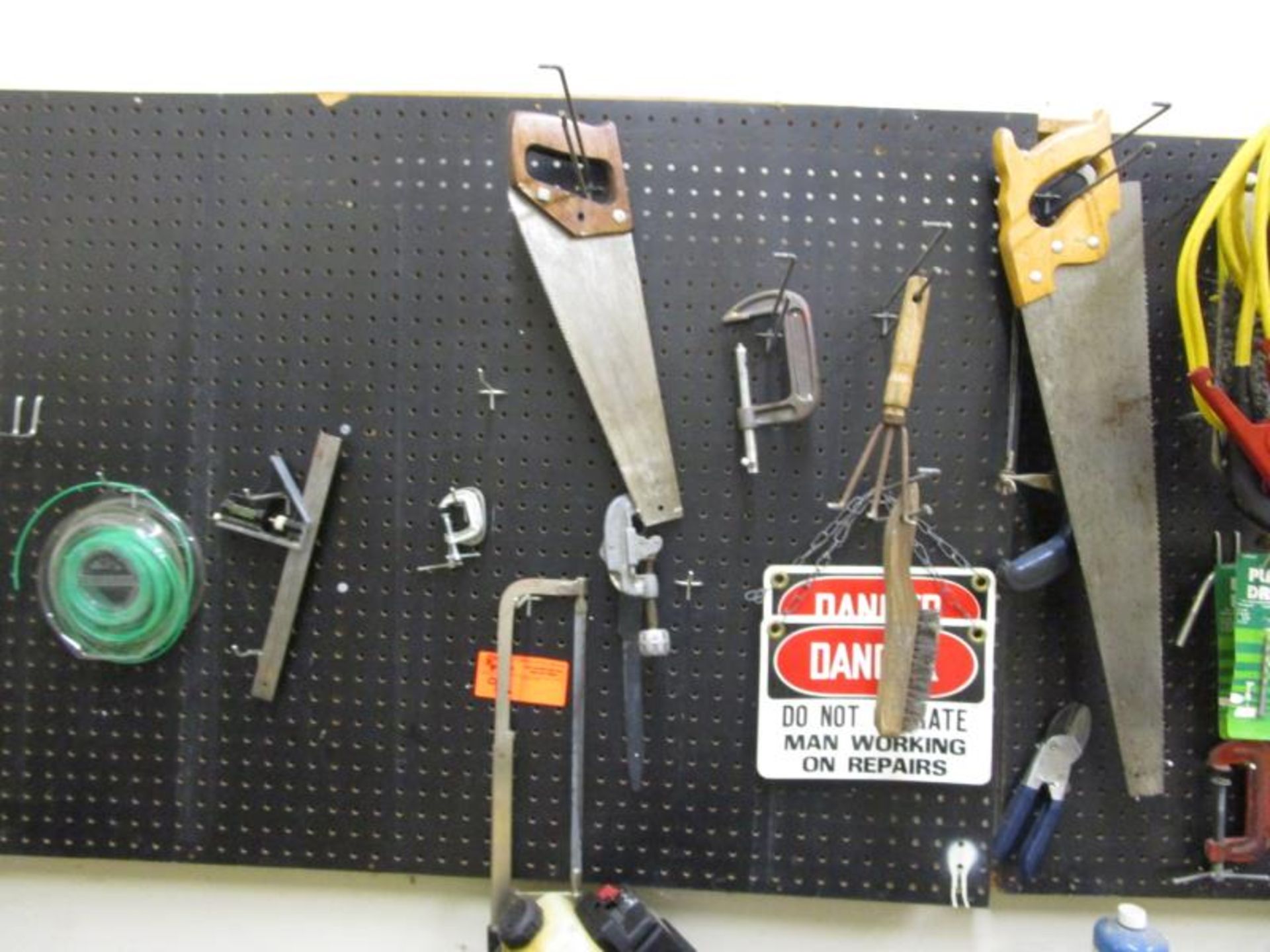 Peg Board Contents: Jumper Cables, Lamp, Saws, Pipe Cutter & Clamp - Image 2 of 3