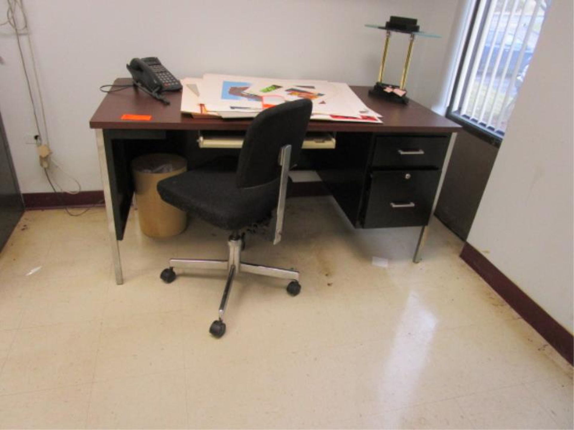 Metal two drawer desk & cloth chair