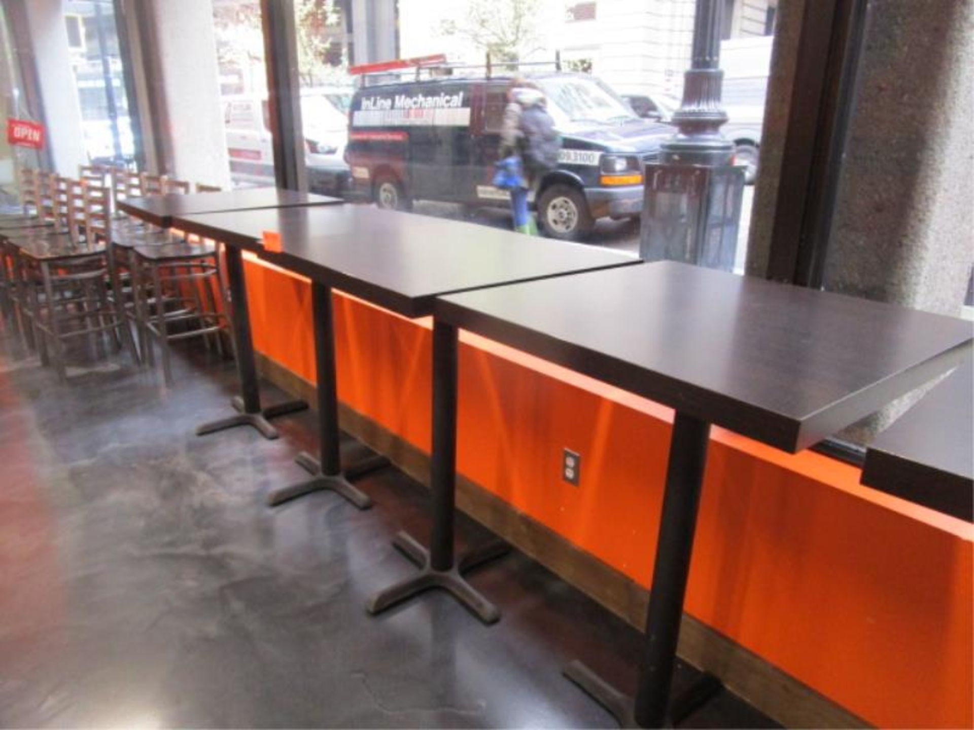 (5) Bistro Tables, w/ Dark Wood Top by BFM Seating