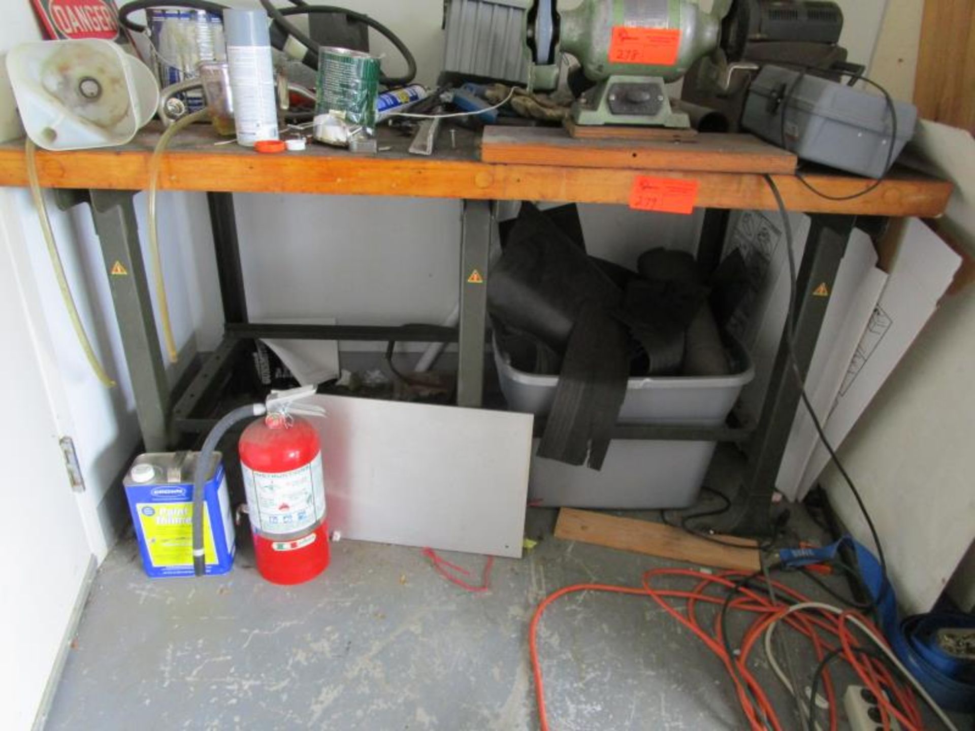 Workbench, wood top and metal base with tool box, Ryobi drill