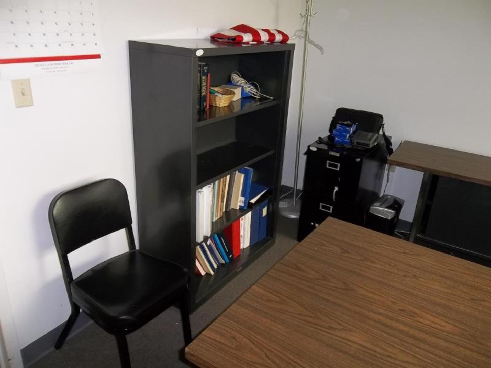 Contents of Office - steel case desk, table, credenza, 2 drawer file and 4 shelf bookcase, Dell