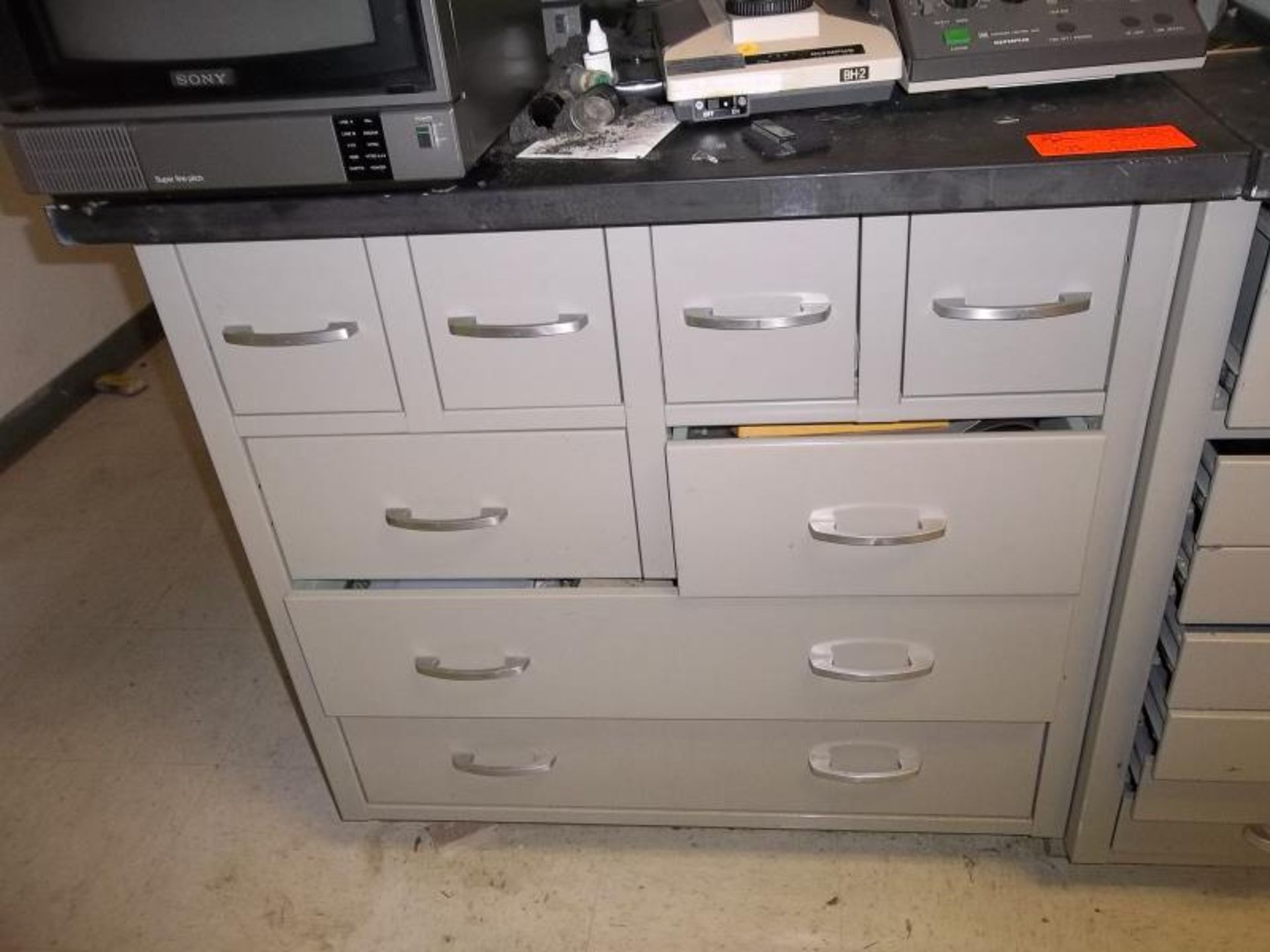 Metal Work Cabinet with soapstone top, 8 drawers, 35" x 30" x 36" h