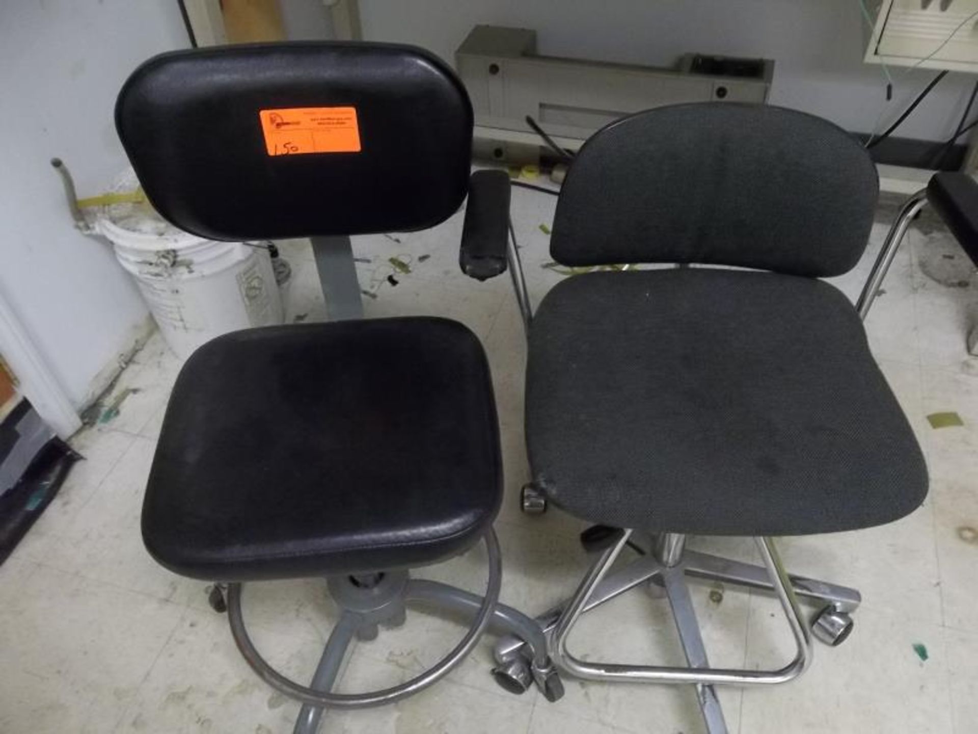 2 Rolling shop Chairs, rolling, 1 arm with damage