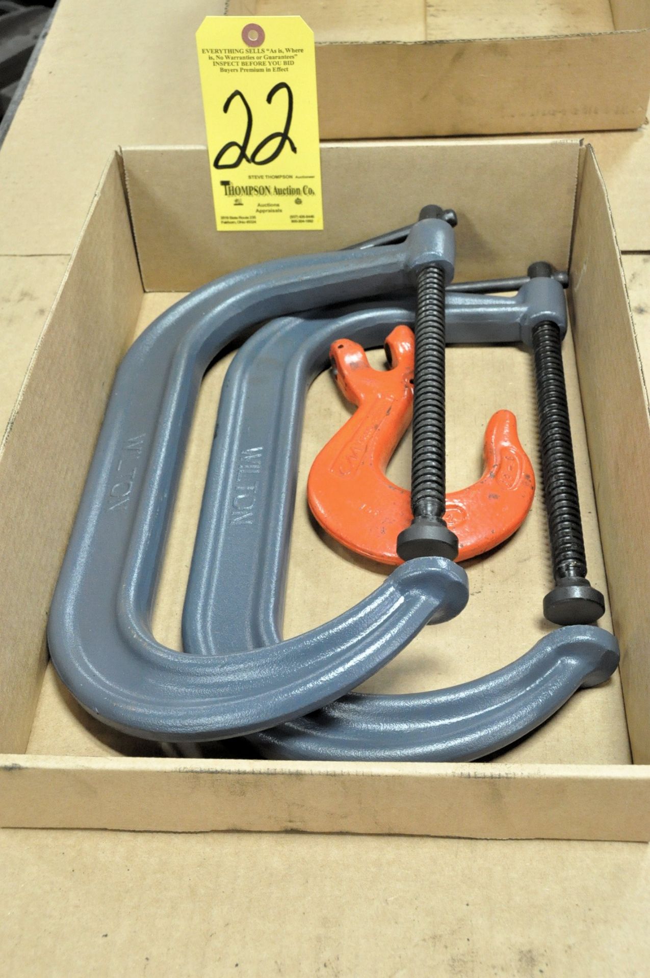 Lot-(2) Wilton 10" C-Clamps and (1) Hoist Hook in (1) Box