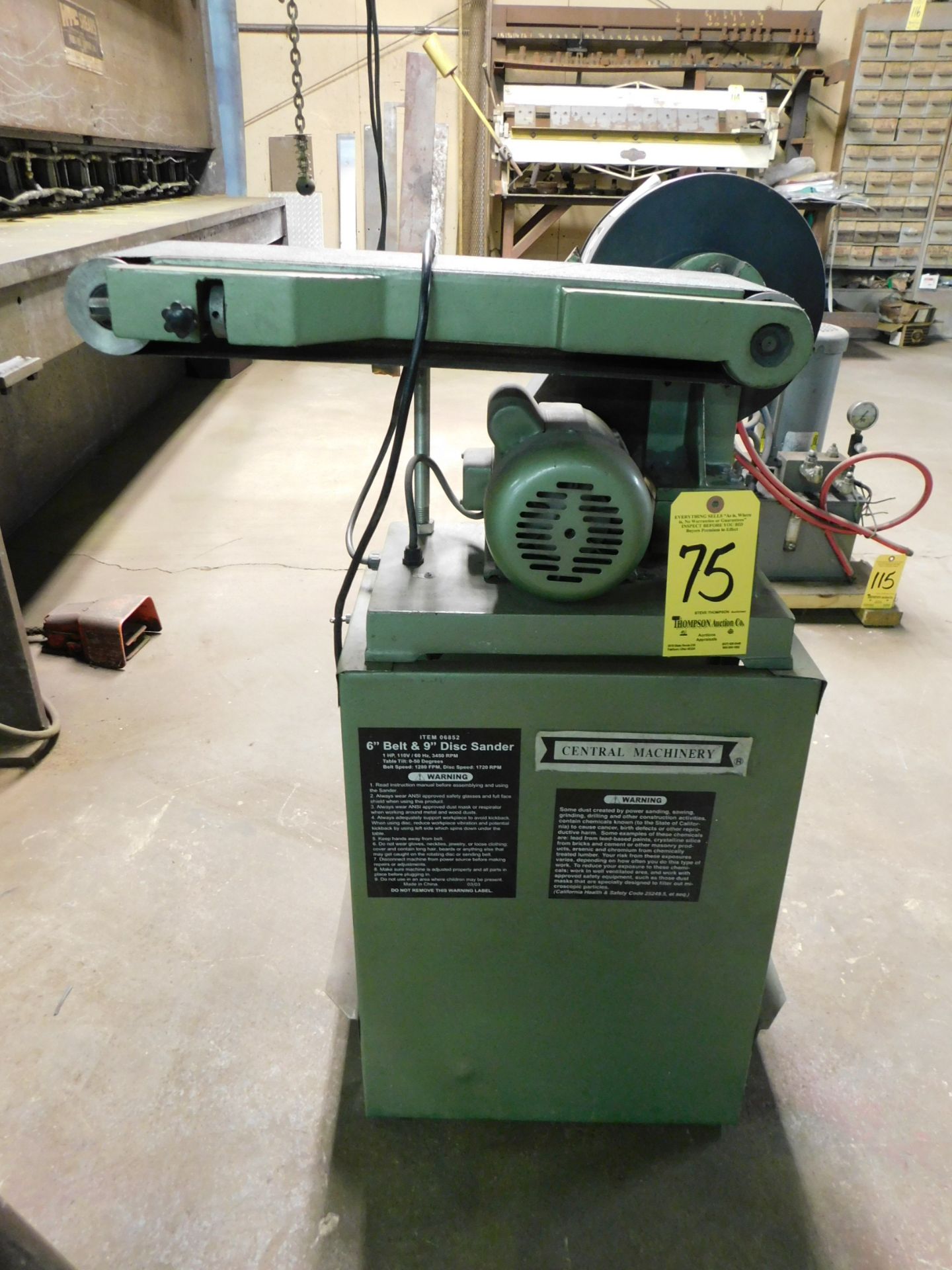 Central Machinery 6 In. Belt and 9 In. Disc Sander, 110/1/60 AC Electrics, Disc Sander Missing
