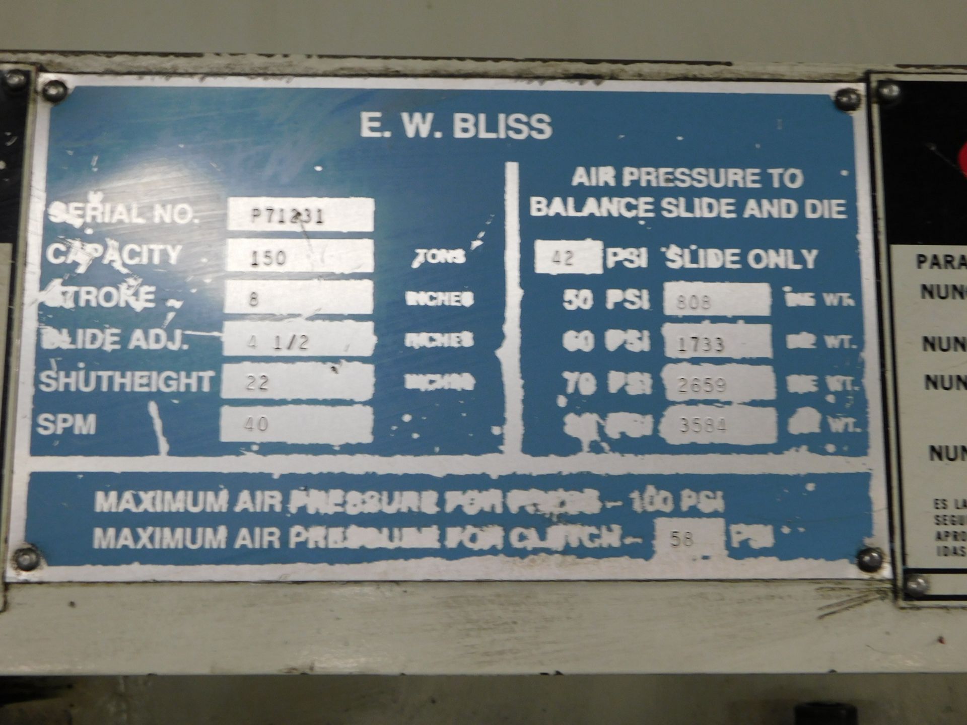 Bliss ModelC-150 OBI Punch Press, SN HP54587/P71231, New in 1993, 150-Ton, 4-1/2 In. Slide - Image 9 of 13