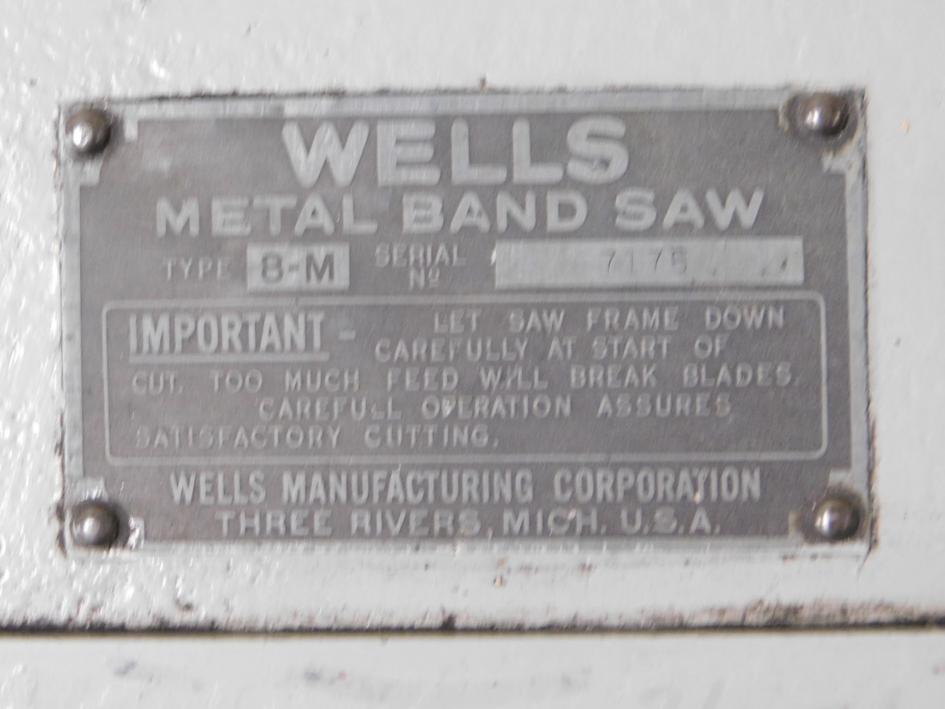 Wells Model 8-M Horizontal Band Saw SN 7175, 9 In. x 16 In. Capacity, 3/4 In. Blade, 3-phs - Image 8 of 8
