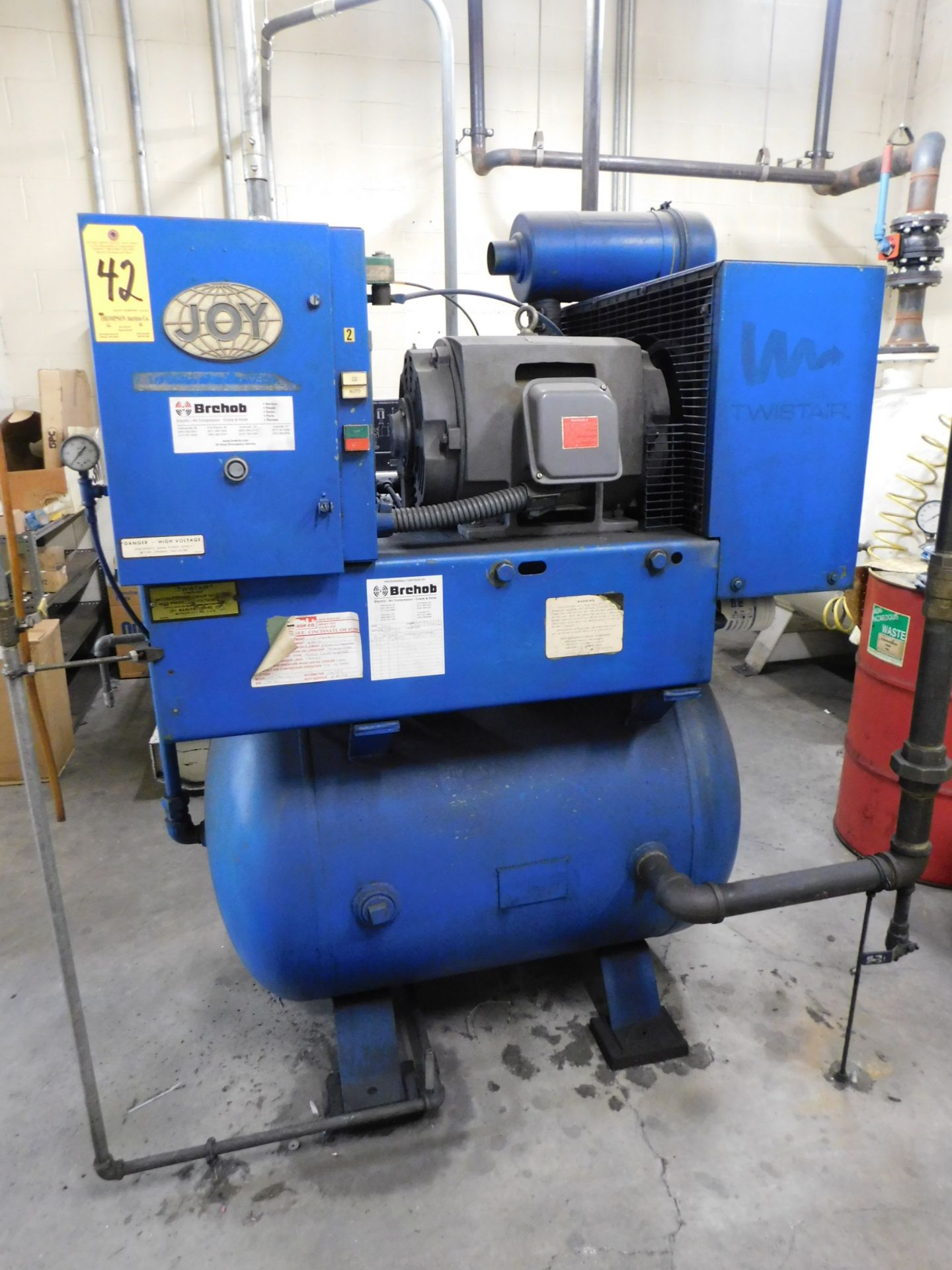 Joy Twistair 30 HP Tank Mounted Rotary Screw Air Compressor, 17,097 Hours showing on Hour Meter