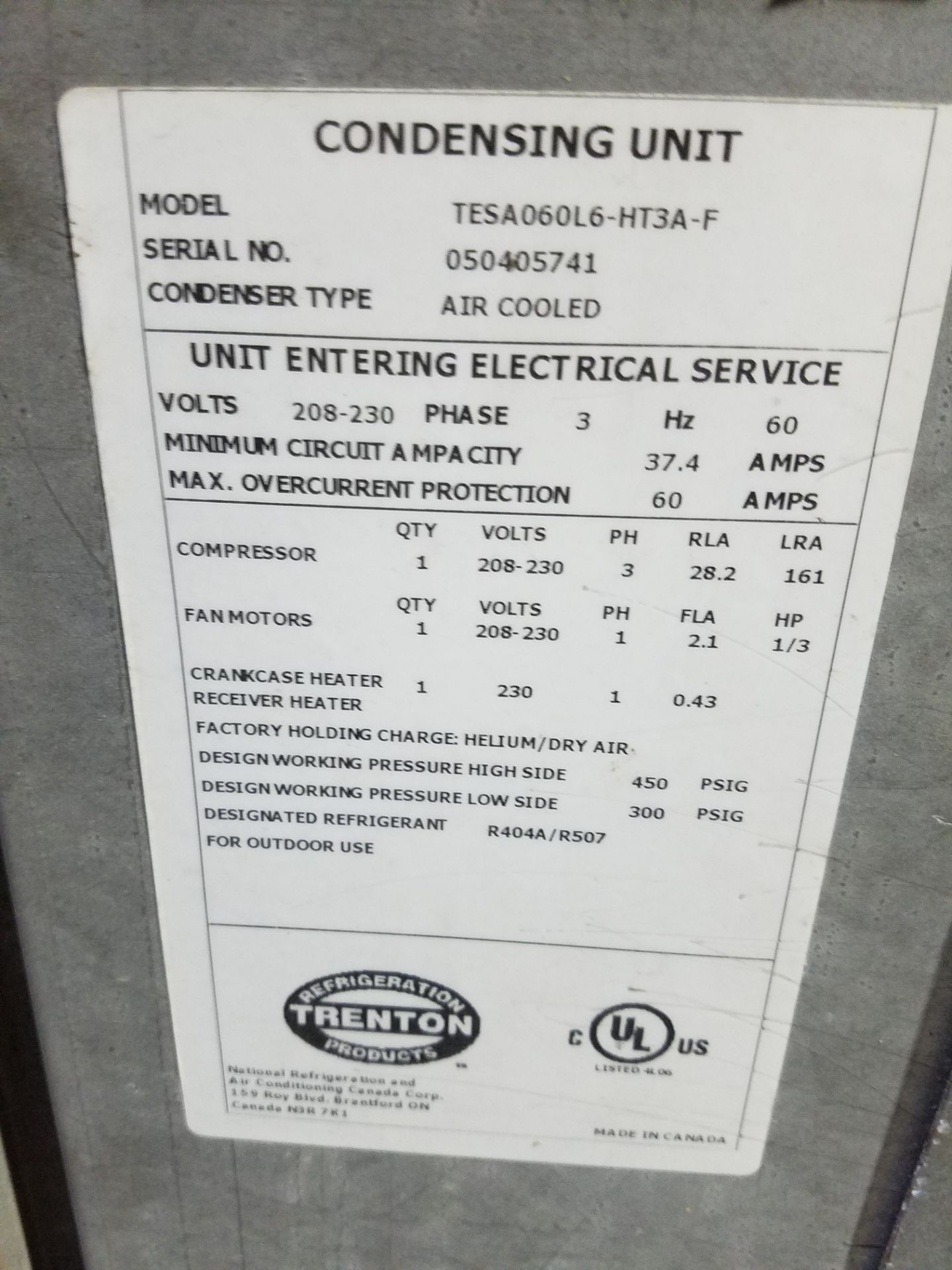 Trenton Condensing Unit Model TESA060L6-HT3A-F, s/n 050405741, Air Cooled, 208-230 3 Ph, Located - Image 2 of 4