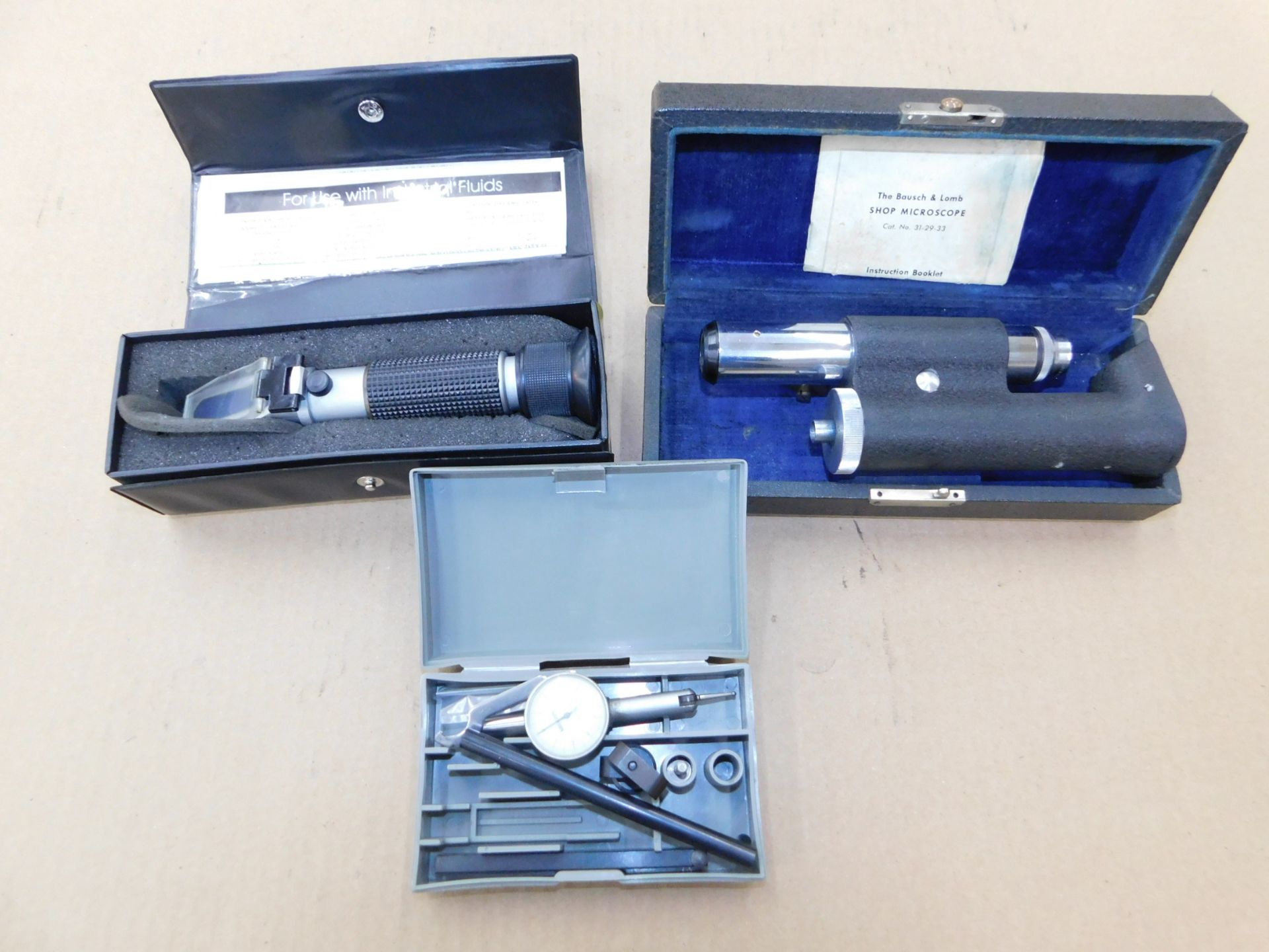 Mitutoyo Dial Indicator, Bausch & Lomb Shop Microscope, and Portable Refractometer