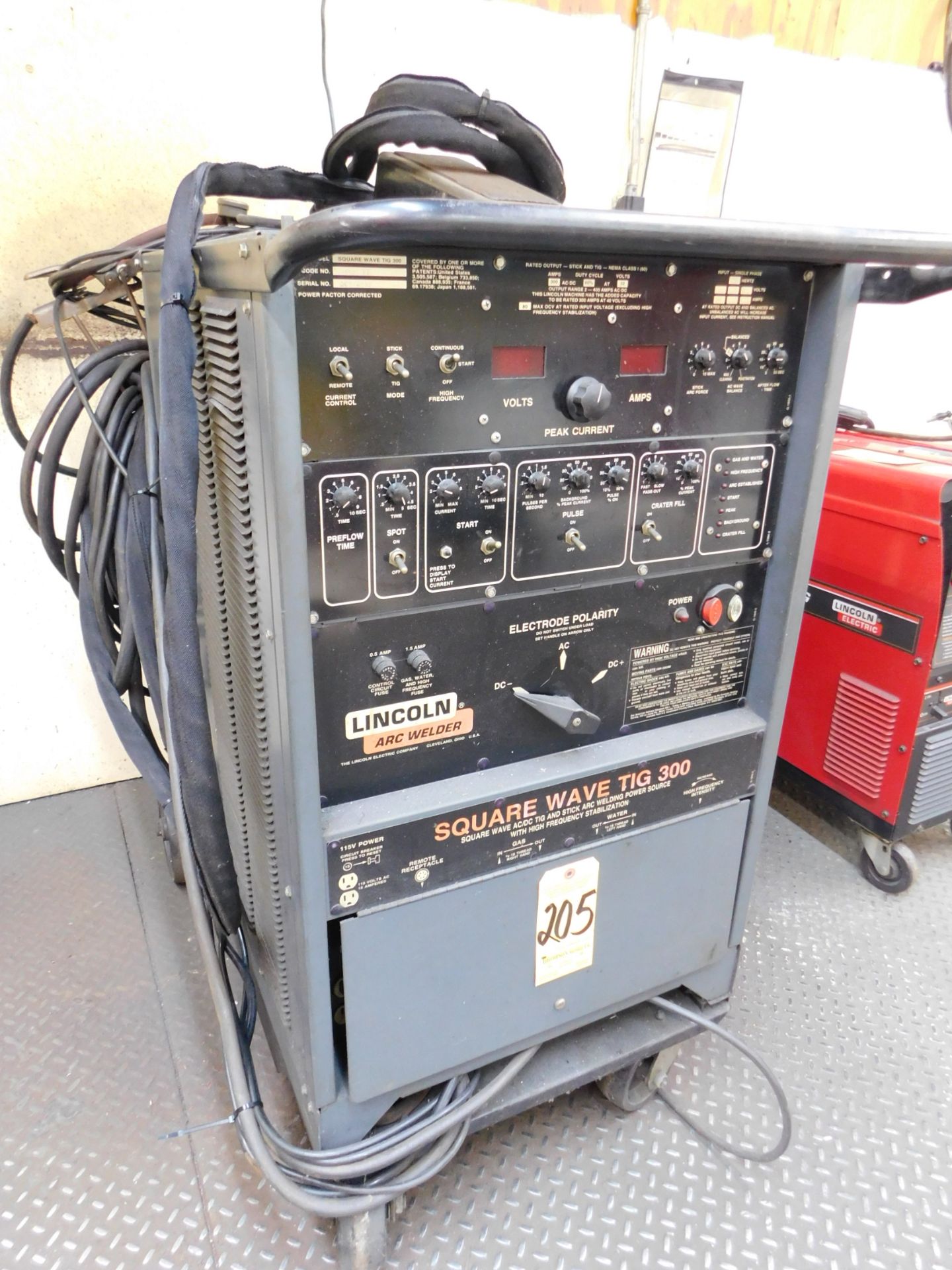 Lincoln Square Wave Tig 300 Tig Welder, s/n AC674432, with Miller Chiller, Tig Gun, Foot Pedal