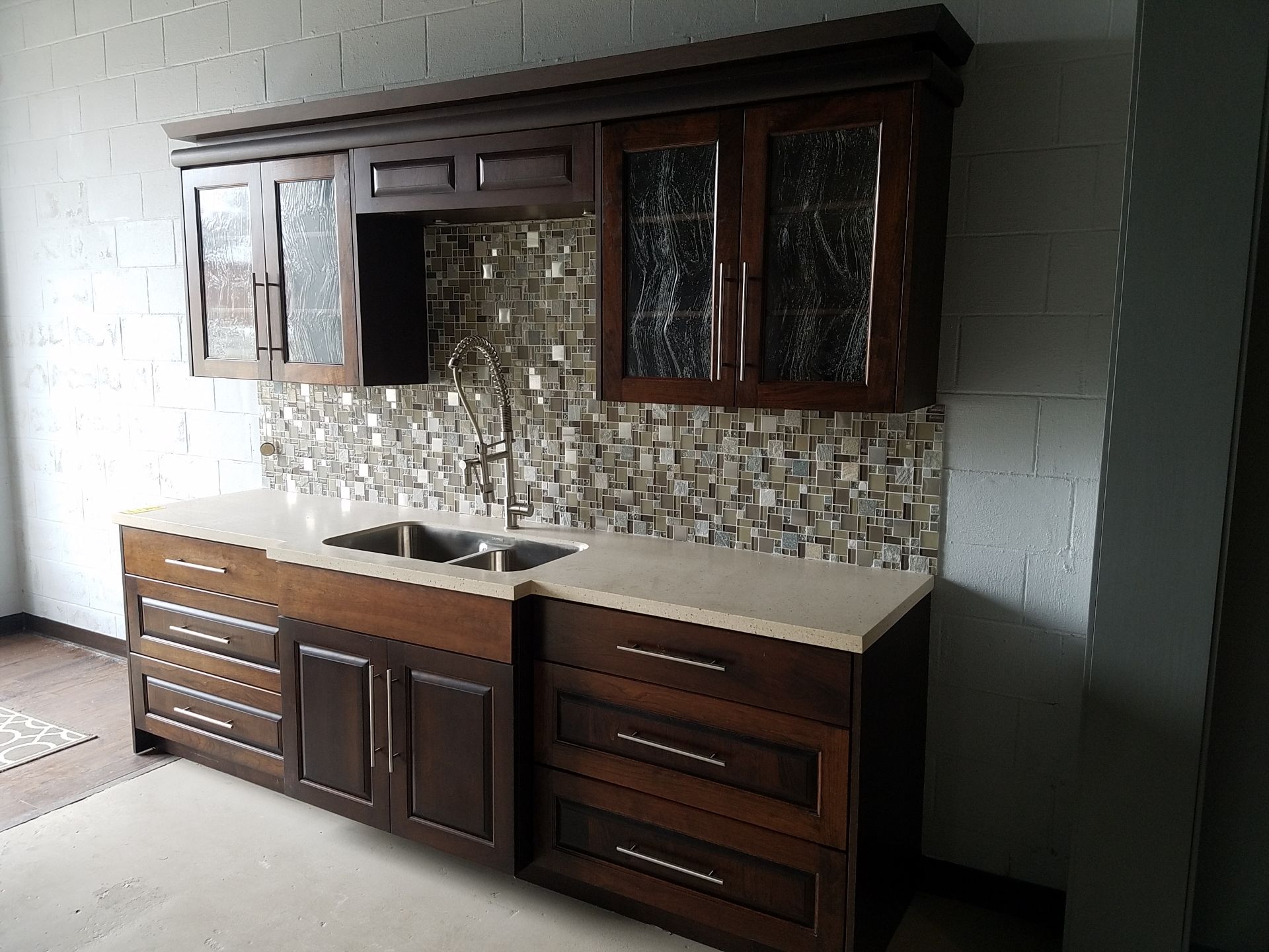 Custom Cabinet Section with Double Stainless Steel Sink, Faucet with Spray, Solid Surface Top,