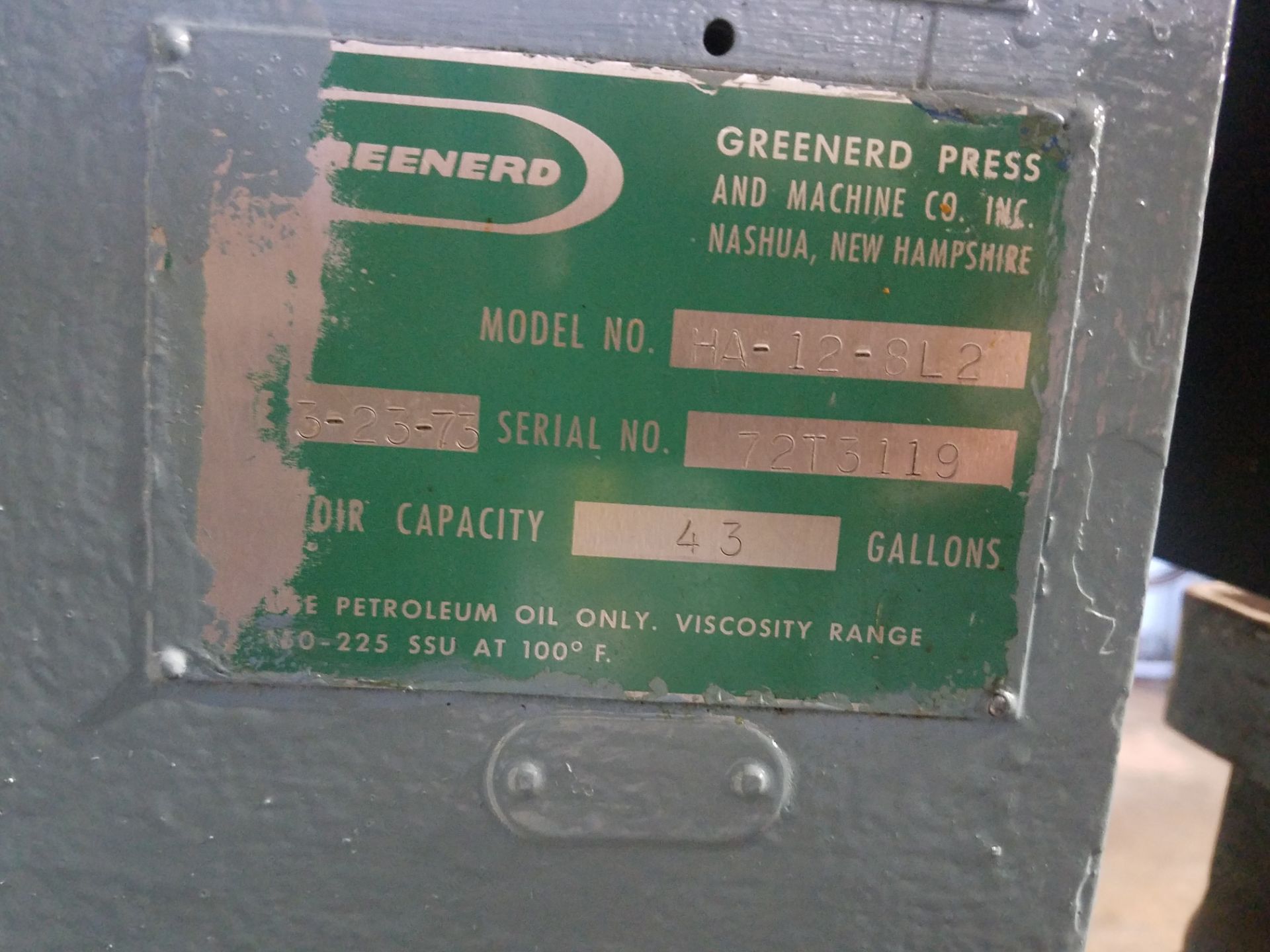 Greenerd Model HA-12-8L2 Hydraulic Press, s/n 72T3119, 12 Ton, Loading Fee $100.00 - Image 2 of 2