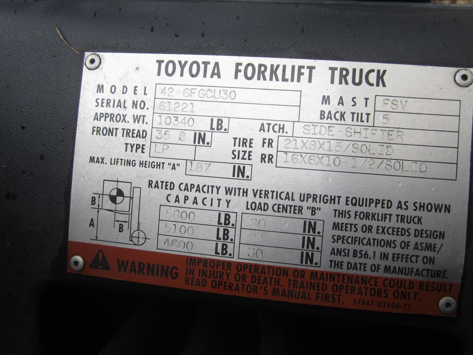 Toyota Model 42-6FGCU30 Fork Lift, s/n 61221, 5,800 Lb. Capacity, LP, Hard Tire, 3-Stage Mast, - Image 10 of 10