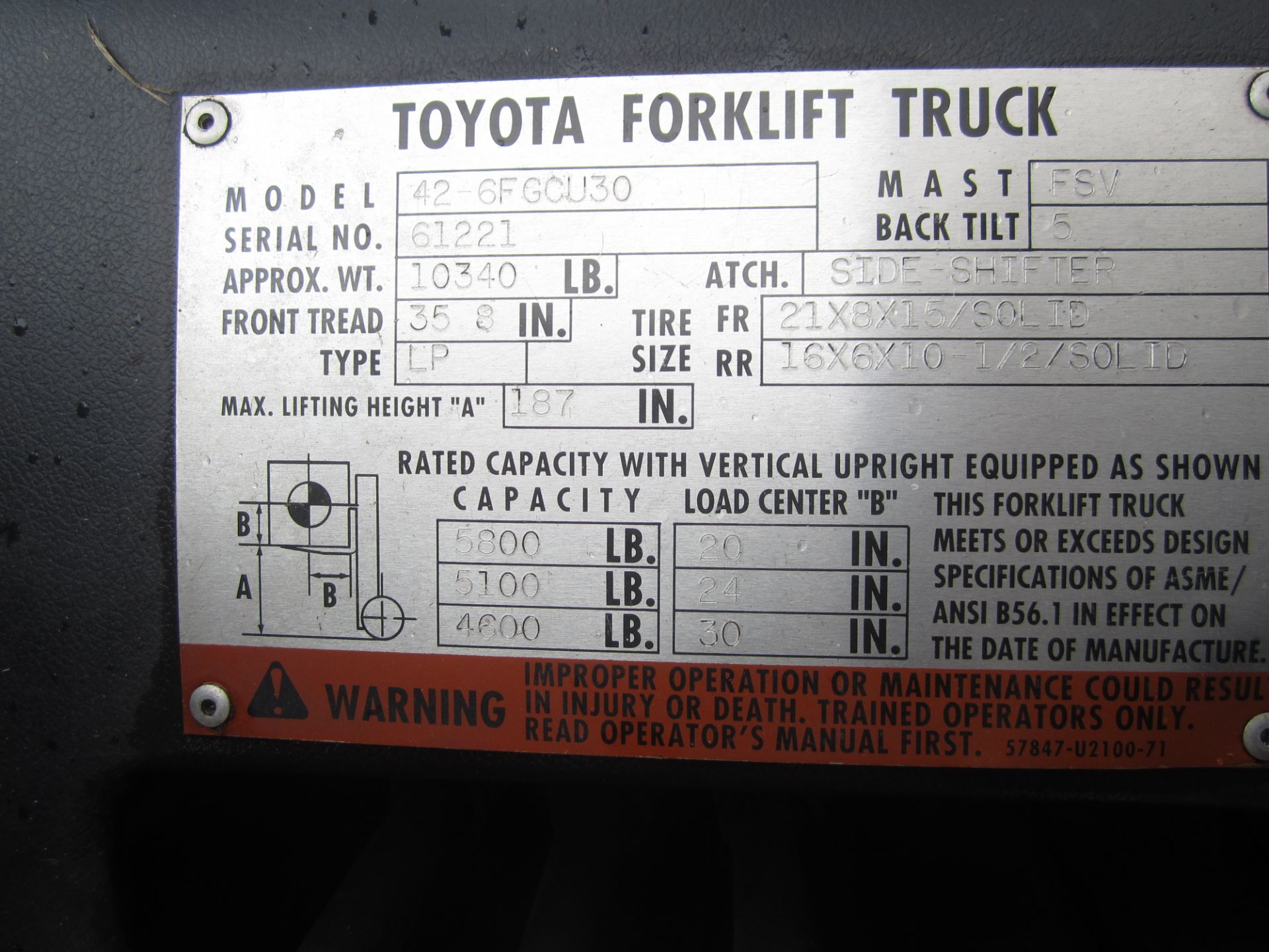 Toyota Model 42-6FGCU30 Fork Lift, s/n 61221, 5,800 Lb. Capacity, LP, Hard Tire, 3-Stage Mast, - Image 9 of 10