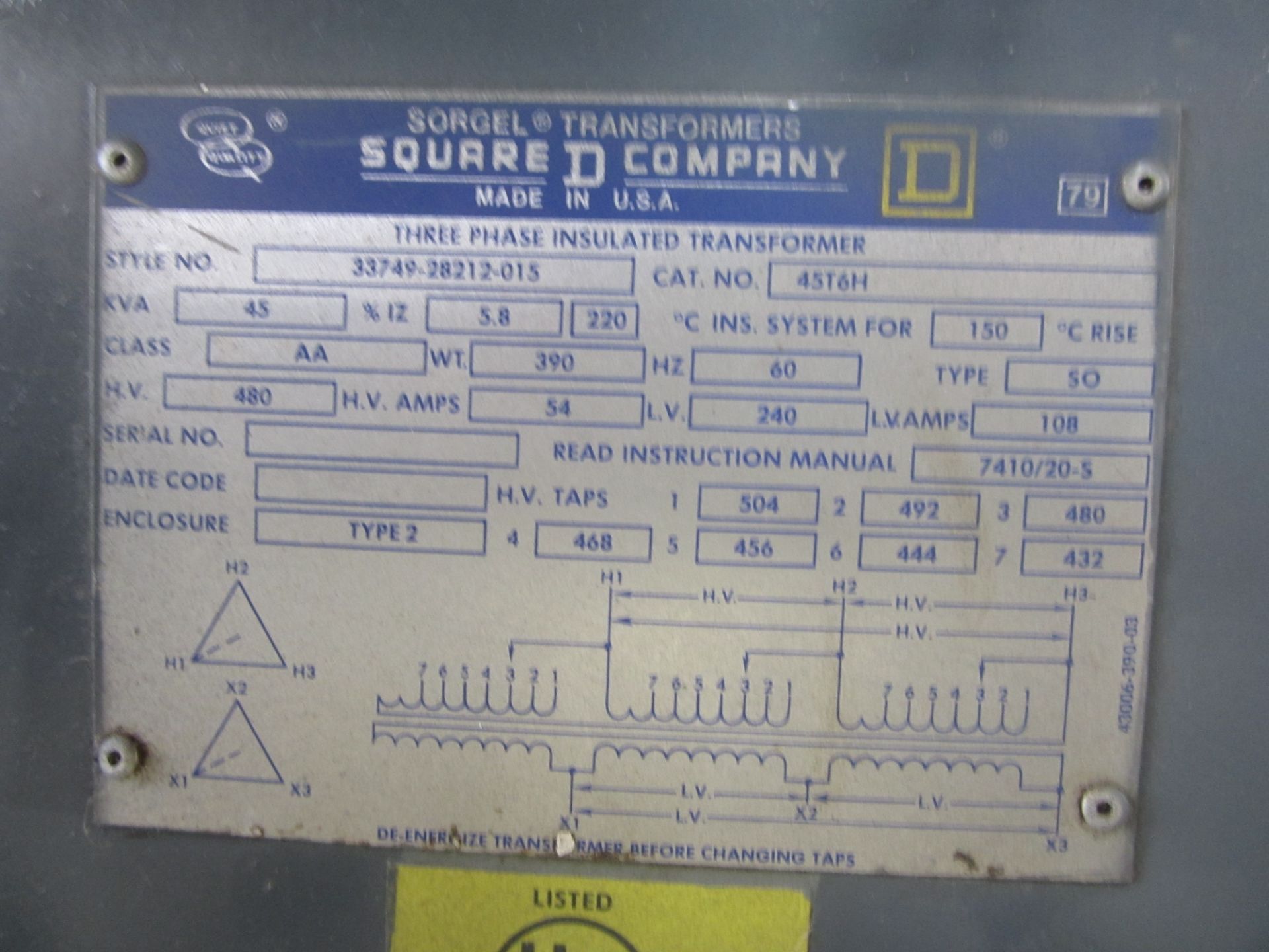 Square D 45 KVA, 3 Phase Transformer, 480 HV, 240 LV, with Square D 60 Amp Disconnect Box - Image 2 of 3