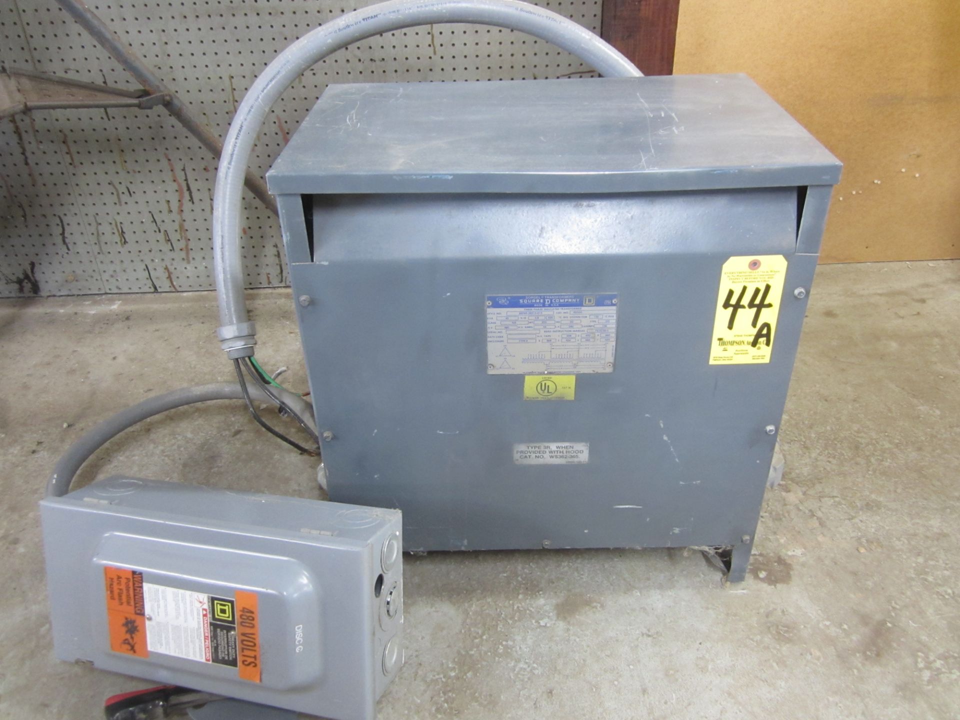 Square D 45 KVA, 3 Phase Transformer, 480 HV, 240 LV, with Square D 60 Amp Disconnect Box