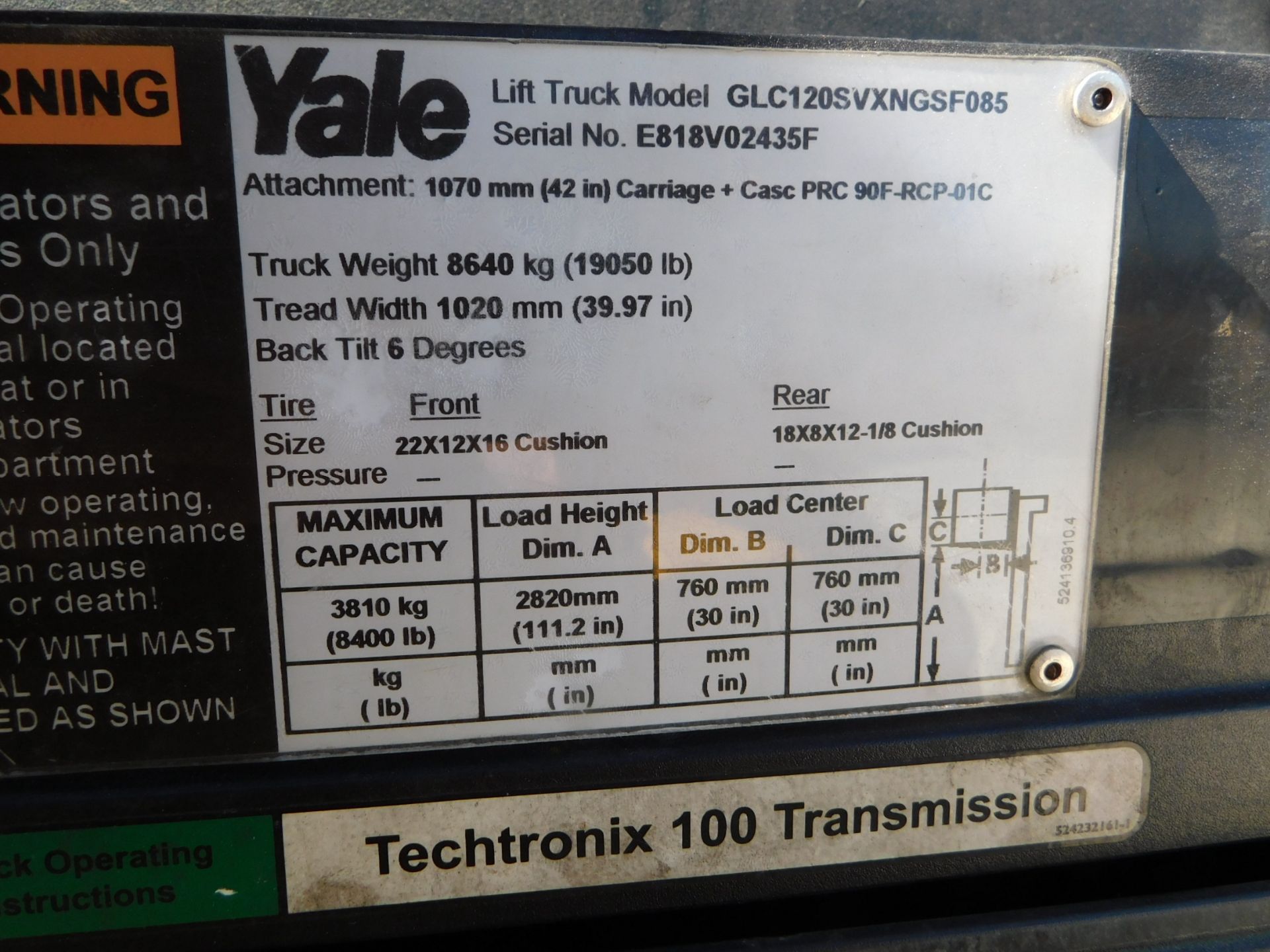 Yale Model GLC120SVXNGSF085 Fork Lift, s/n E18V02435F, 8,400 Lb. Capacity, LP, Hard Tire, 2-Stage - Image 12 of 12