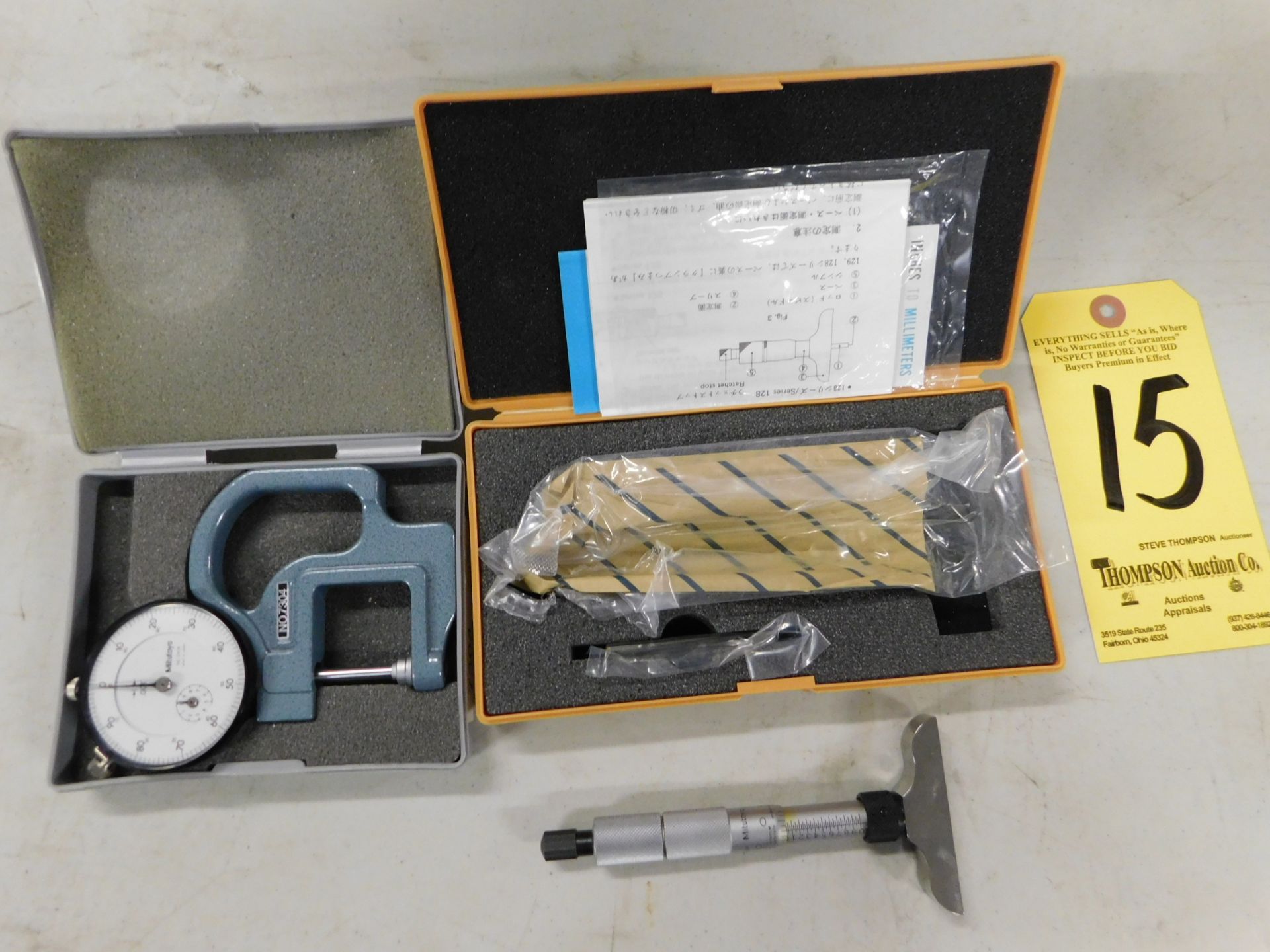 (1) Mitutoyo Dial Thickness Gauge, #7304 Caliper Gage, and (1) Mitutoyo #129-147 Depth Micrometer, 1