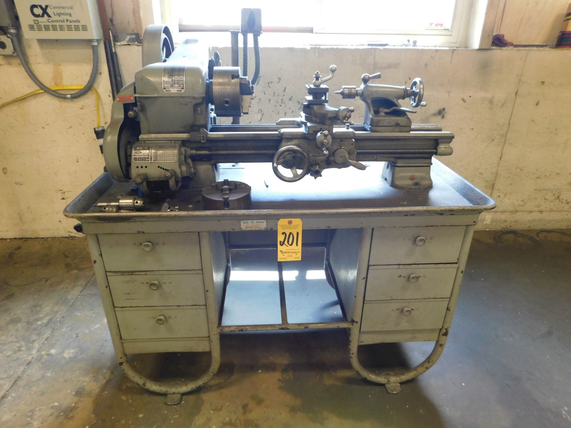South Bend 10 In. X 24 In. Bench Model Lathe with Cabinet Base, s/n 34271K, 6 In. 3-Jaw and 6 In.
