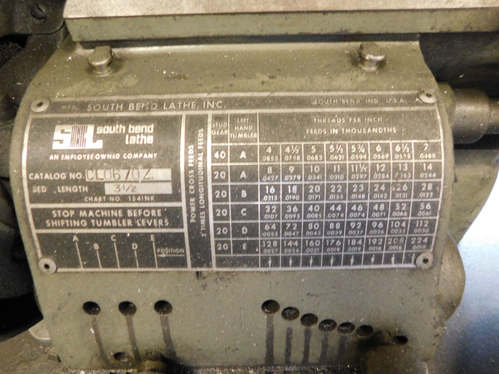 South Bend 10 In. X 24 In. Bench Model Lathe with Cabinet Base, s/n 34271K, 6 In. 3-Jaw and 6 In. - Image 8 of 16