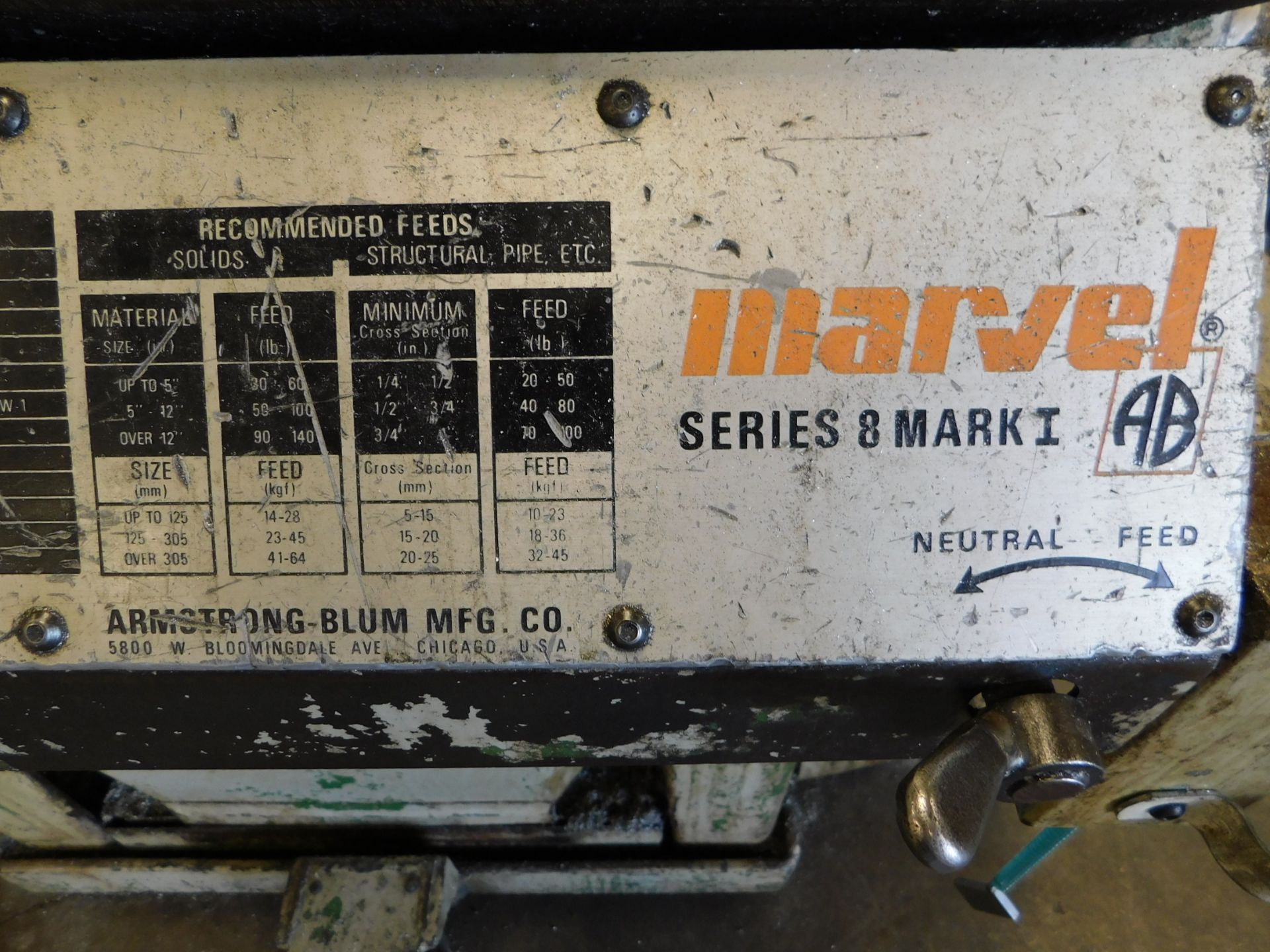 Marvel Series 8, Mark I Vertical Tilting Head Band Saw, s/n 824554-W, Mounted on Base with - Image 10 of 15