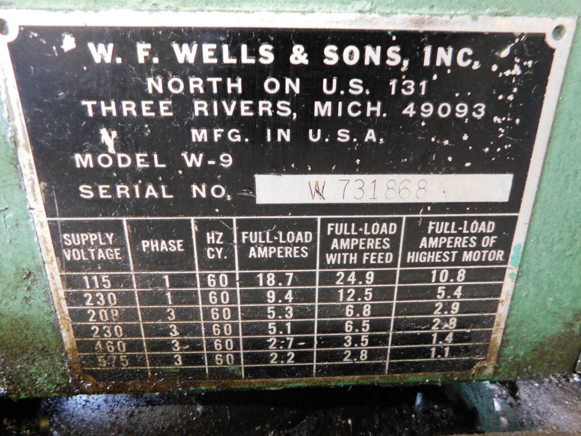 W.F. Wells Model W-9 Horizontal Band Saw, s/n W731868, 9 In. X 18 In. Capacity, 3/4 In Blade - Image 8 of 8