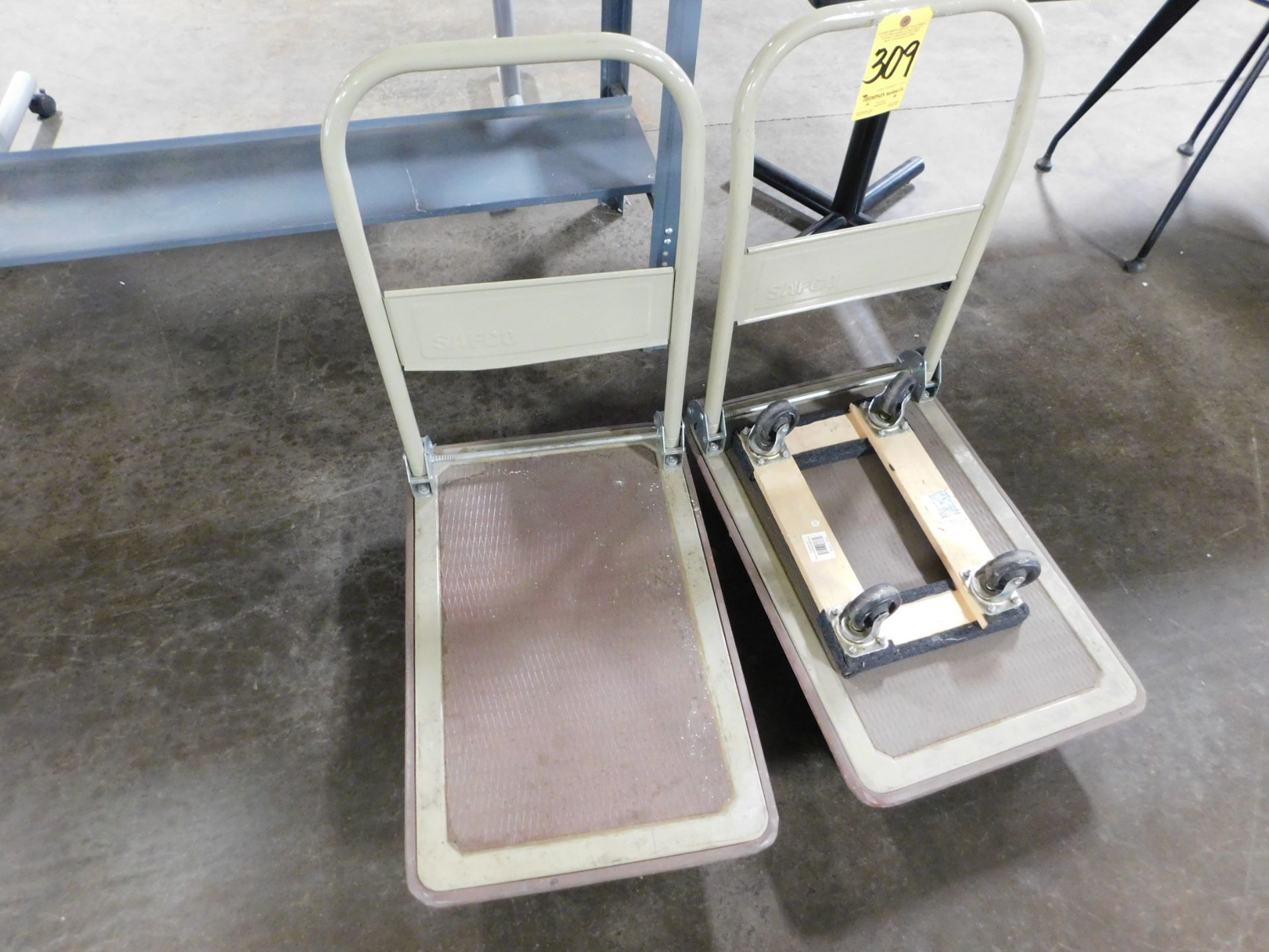 (2) Safco Tuff Truck Platform Carts, 400 lb. cap. and (1) 4-Wheel Dolly