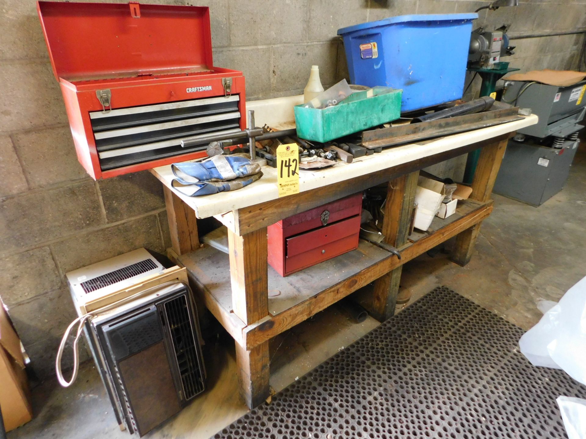 Wooden Work Bench and Contents