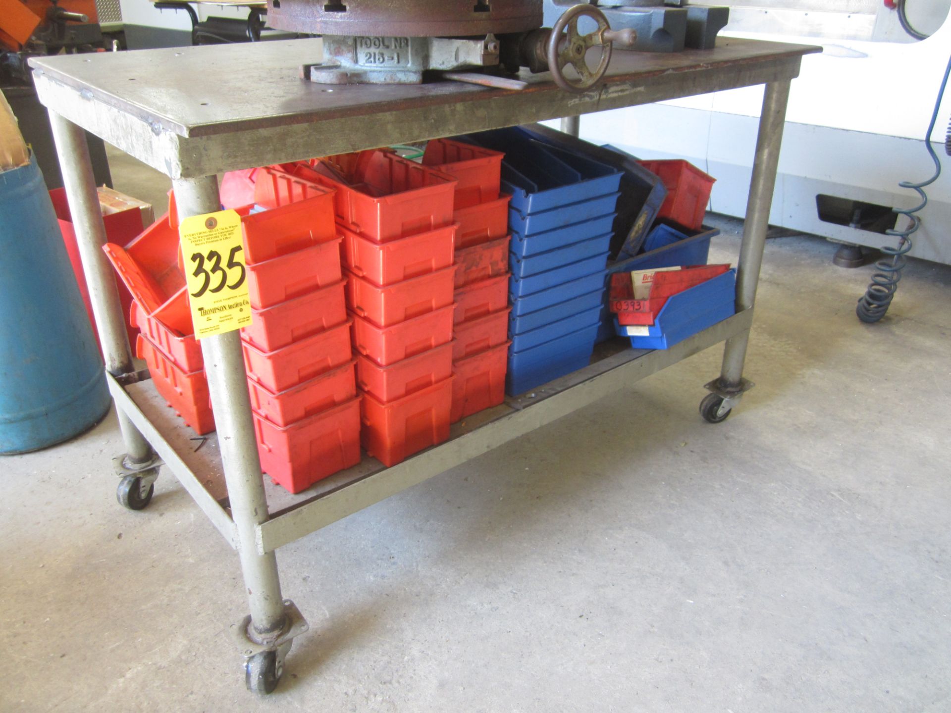 Portable Steel Shop Table, 28 In. X 48 In. X 3/8 In. Thick Top and Plastic Parts Totes