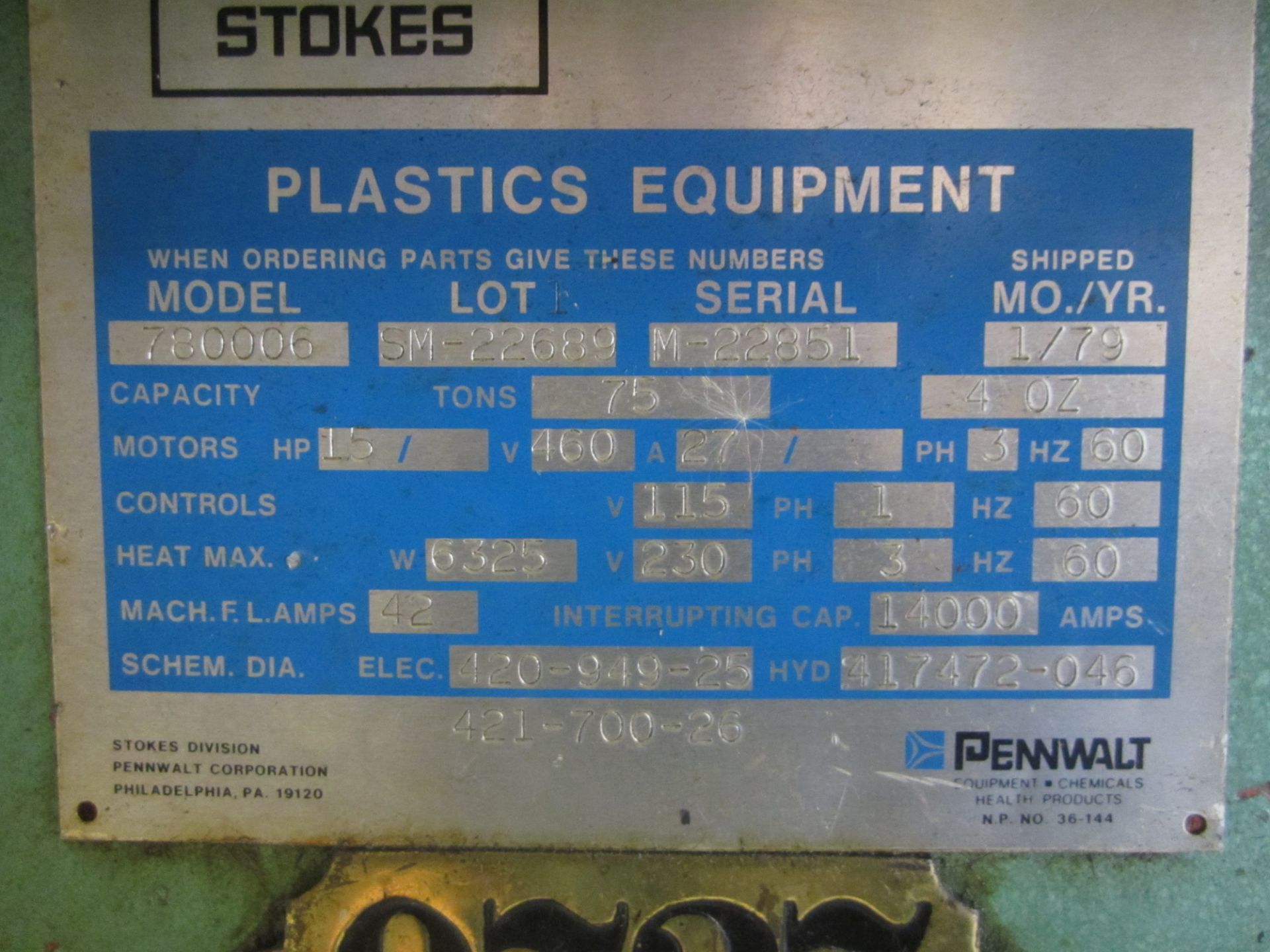 Stokes Penwalt Model 780006 Plastic Injection Mold Machine, s/n M-22851, 75 Ton, 4 Ounce, Loading - Image 5 of 5