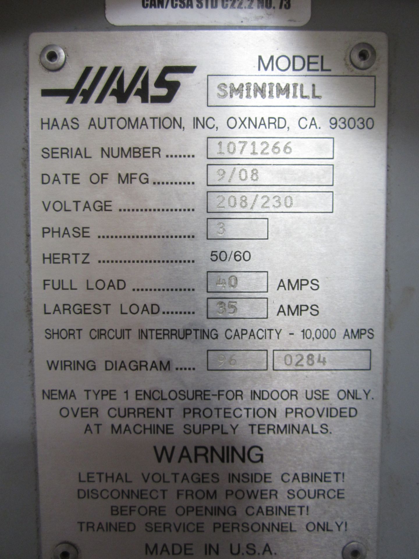 Haas Super Mini Mill CNC Vertical Mill, s/n 1071266, New 2008, Haas CNC Control, 40 Taper, 10 ATC, - Image 11 of 11
