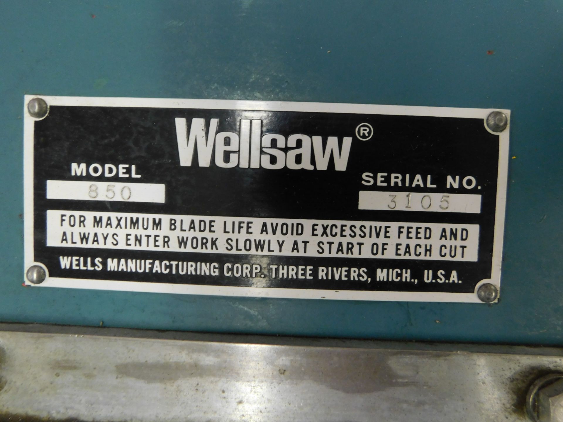 Wells Model 850 Horizontal Band Saw, 9 In. X 16 In., s/n 3105, 1 Inch Blade, Coolant - Image 8 of 8
