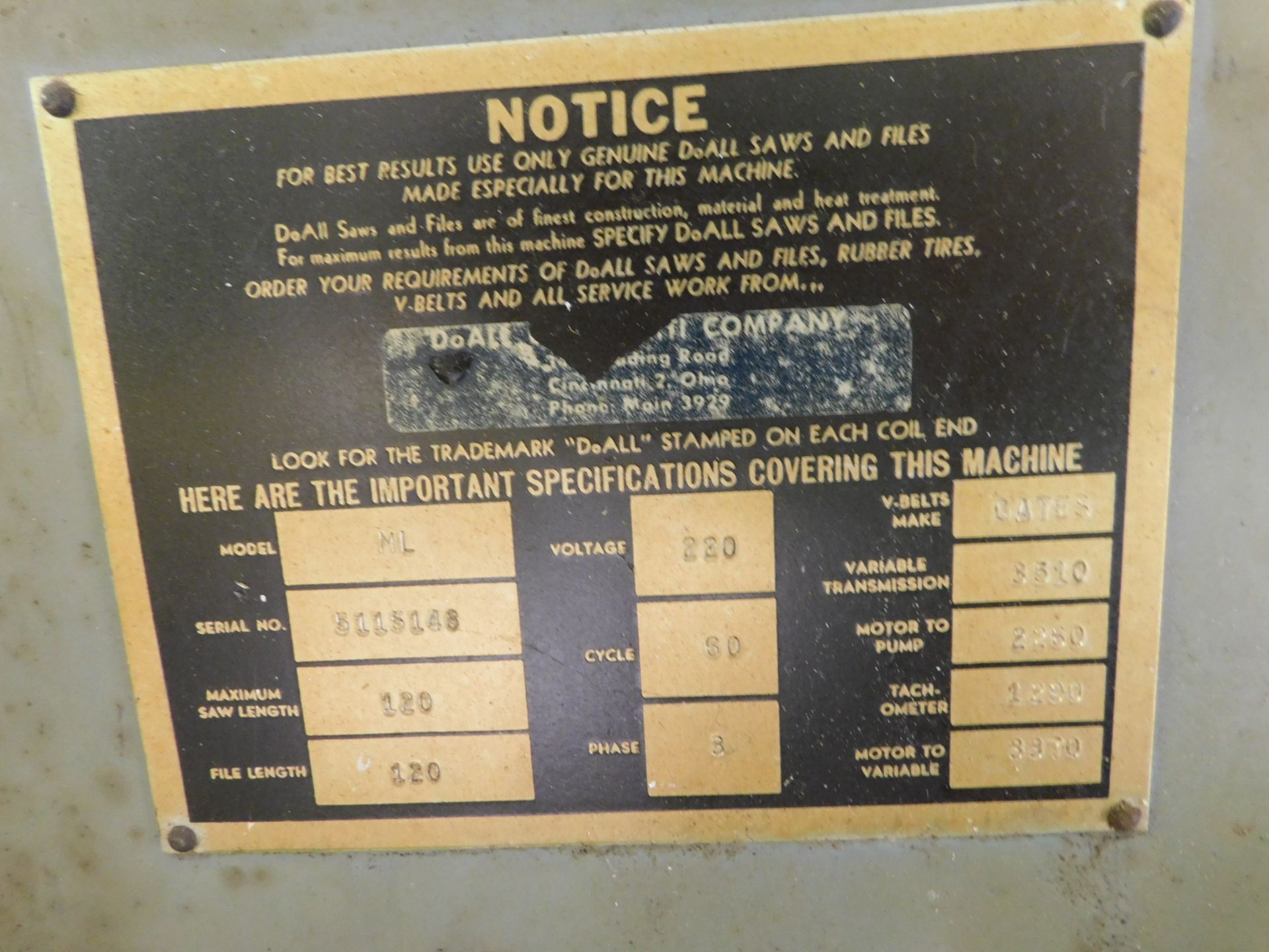 Do-All Model ML-16 Vertical Band Saw, s/n 5115148, 16 Inch, Blade Welder, Loading Fee - Image 9 of 9