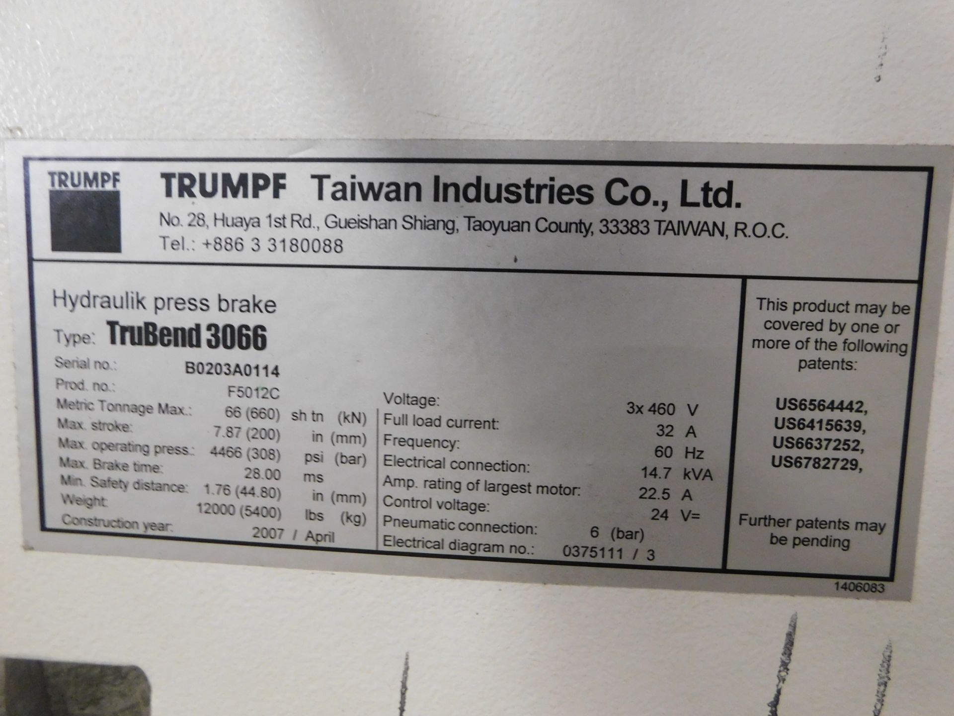 Trumpf Model Trubend 3066 CNC Press Brake, s/n BO3A0114, Trumpf 3D CNC Control, Auto. Crowning, 2007 - Image 22 of 24