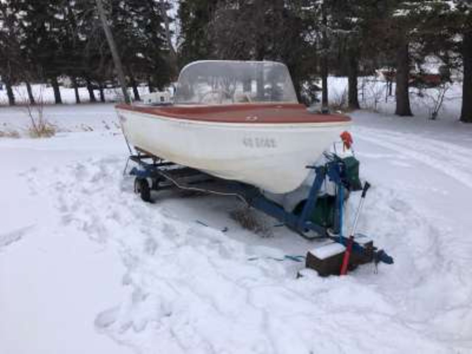 16ft fibreglass boat (red), w/35hp Johnson engine