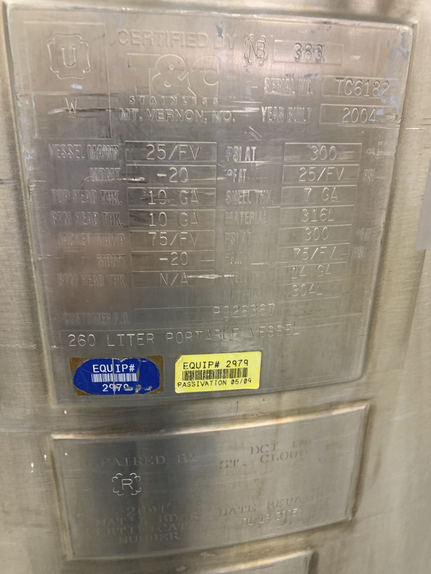 Lot # 48 - DCI Inc. 260 Liters Jacketed Pressure Tank, 304 stainless steel, 75 psi jacket, 25 psi - Image 2 of 2