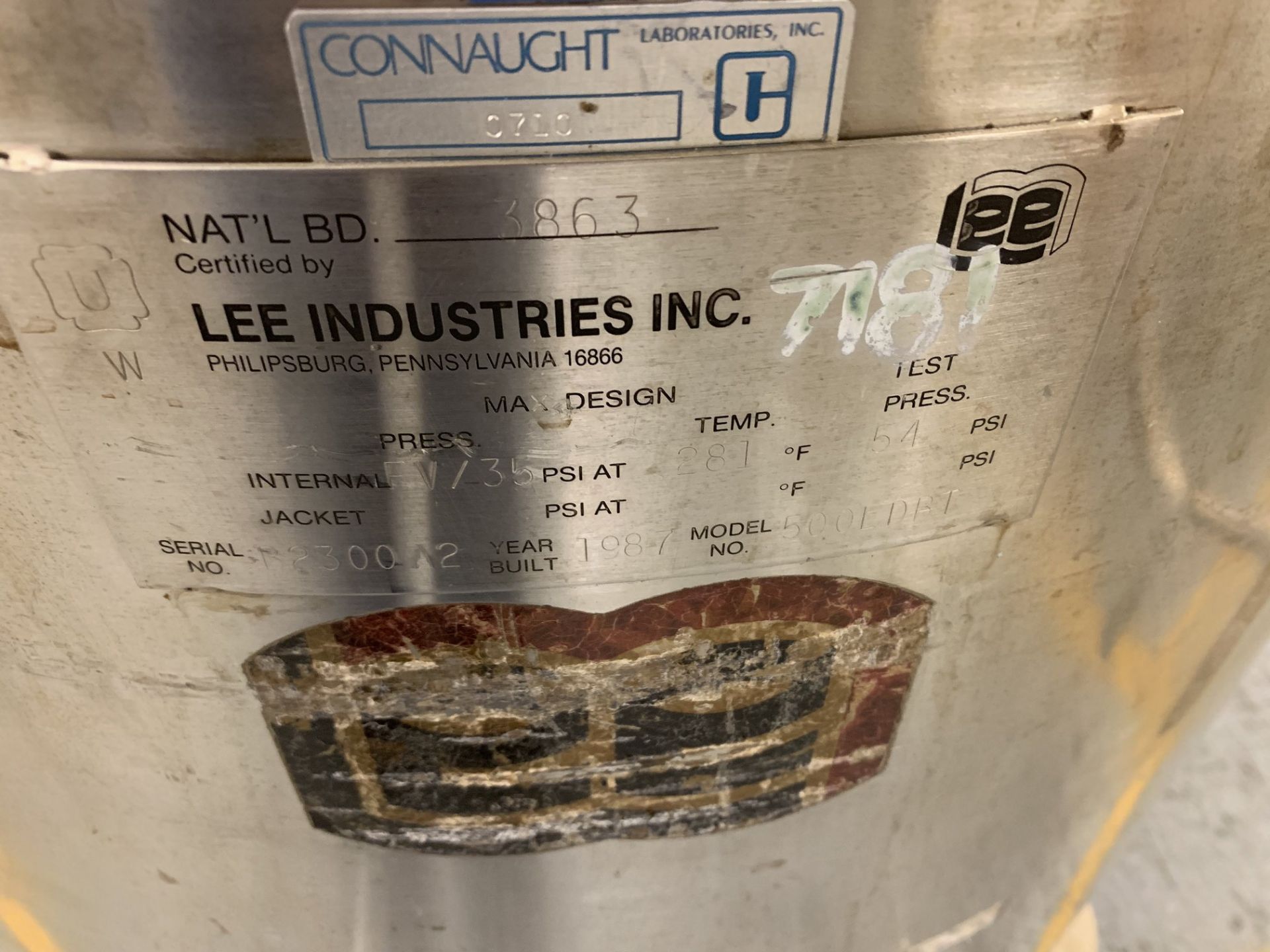 Lot # 53 - Lee 500LDBT 500 Liter Stainless Steel Pressure Vessel, Propellor agitator without - Image 3 of 3