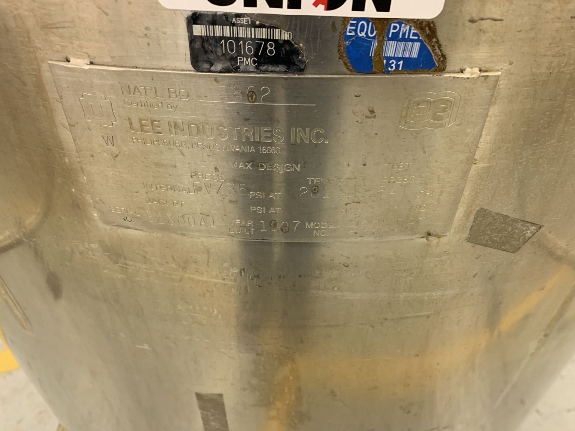 Lot # 58 - Lee 500LDBT 500 Liter Stainless Steel Pressure Vessel, Propellor agitator without - Image 3 of 3