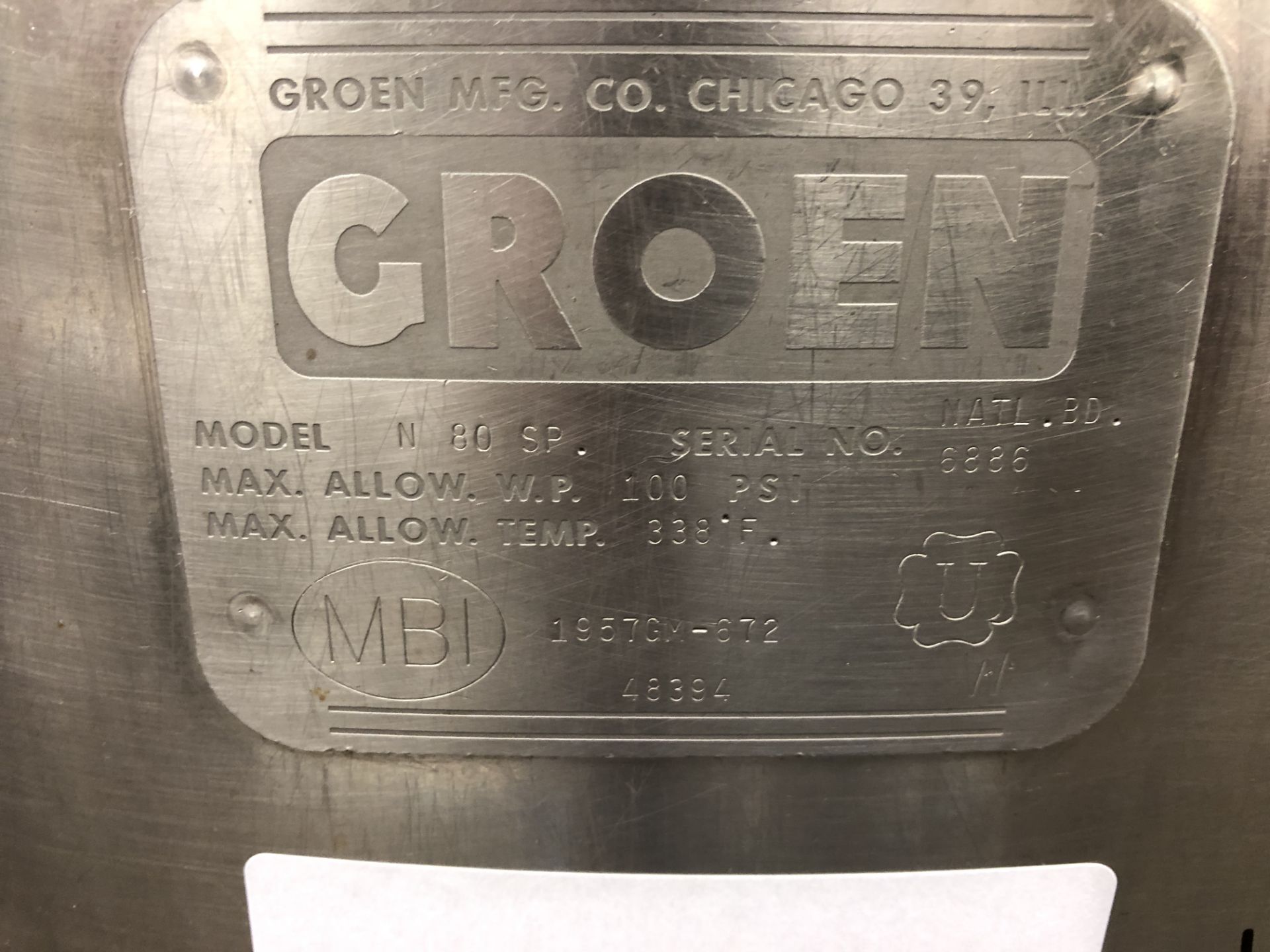 Groen N80SP Single Action 80 Gallon Stainless Steel Cooking and Mixing Kettle with brass scrapers, - Image 6 of 6