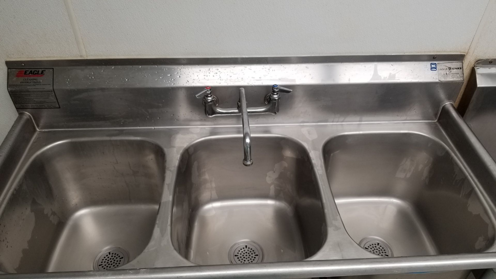 3 Bin Compartment Stainless Steel Sink T&S faucet and Twist Handle Waste Valves 57" x 26" - Image 2 of 2