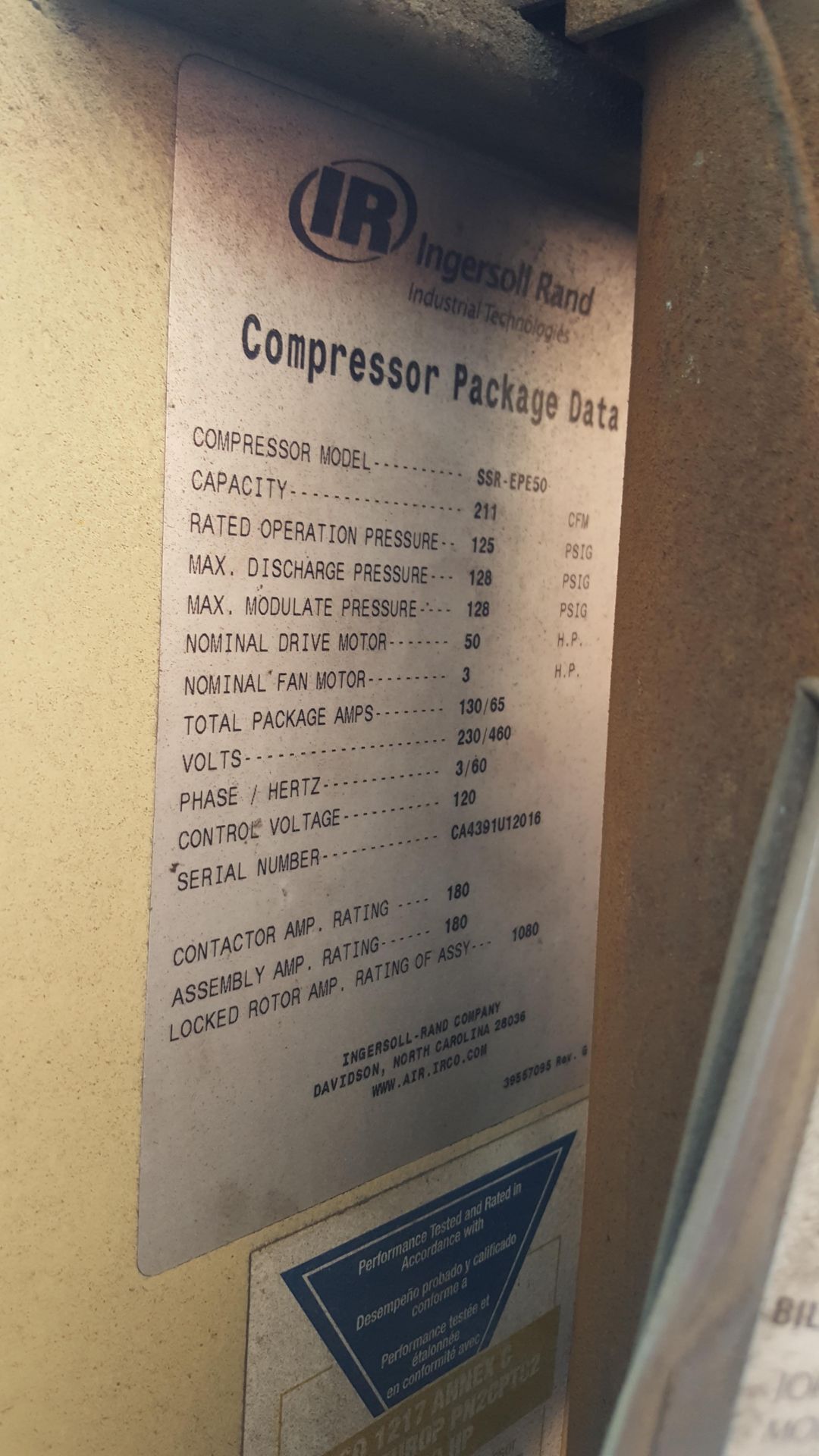 INGERSOLL RAND AIR COMPRESSOR SSR-EPE50 - Image 4 of 4